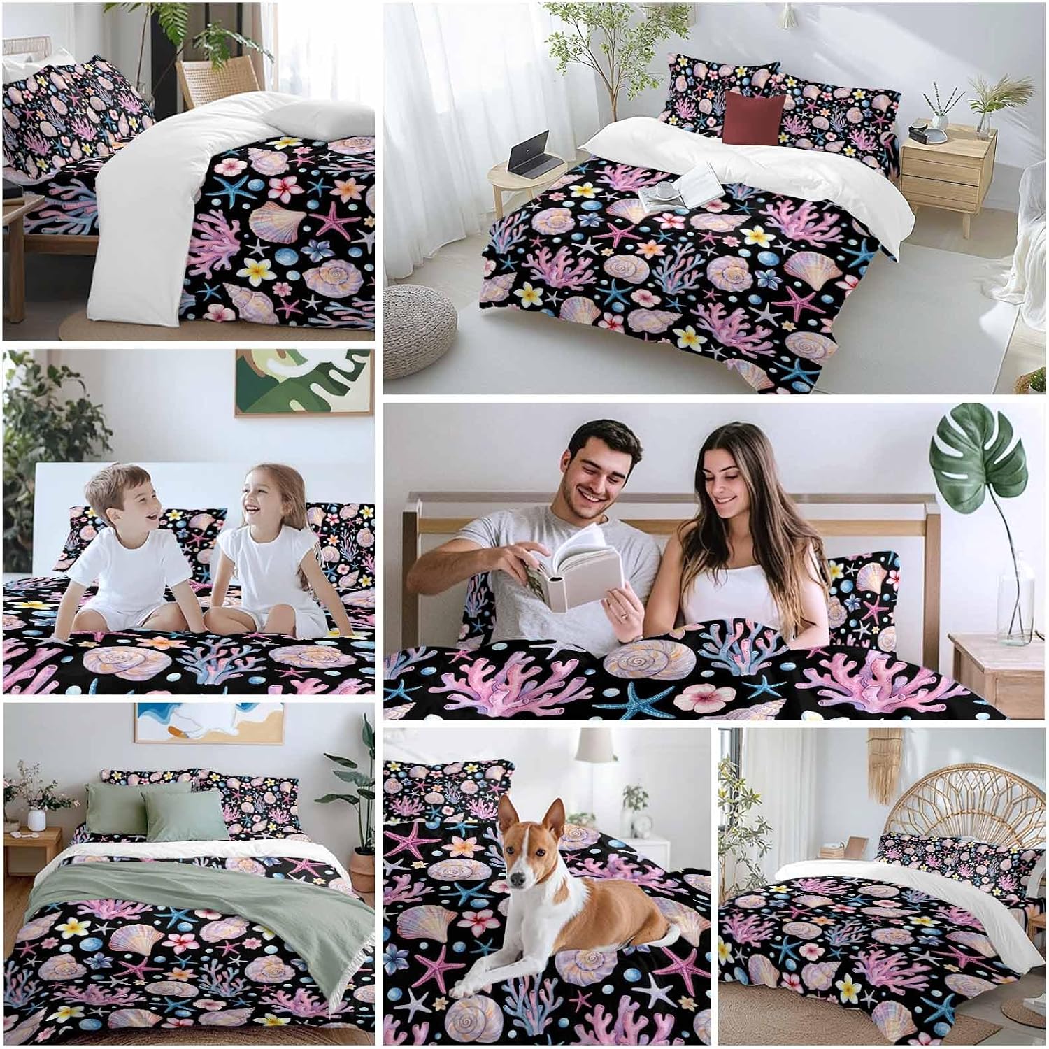 Summer Beach Duvet Cover Set Queen Size 4 Pieces Ocean Starfish Shell Coastal Conch Coral Flowers Black Bedding Set with Zipper Closure, 1 Comforter Cover 90x92 Inches 1 Flat Sheet & 2 Pillow Cases