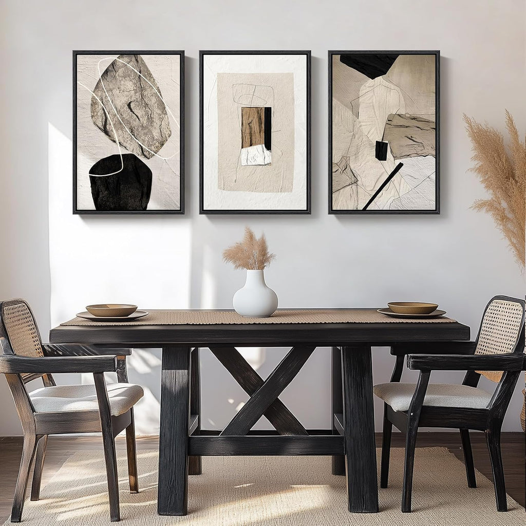 Large Framed Neutral Abstract Wall Art, 3 Piece Modern Canvas Prints Paintings Artwork for Walls, Minimalist Black Beige Pictures for Living Room Hallway Dining Room Bedroom Wall Decor -Total 30x60 In