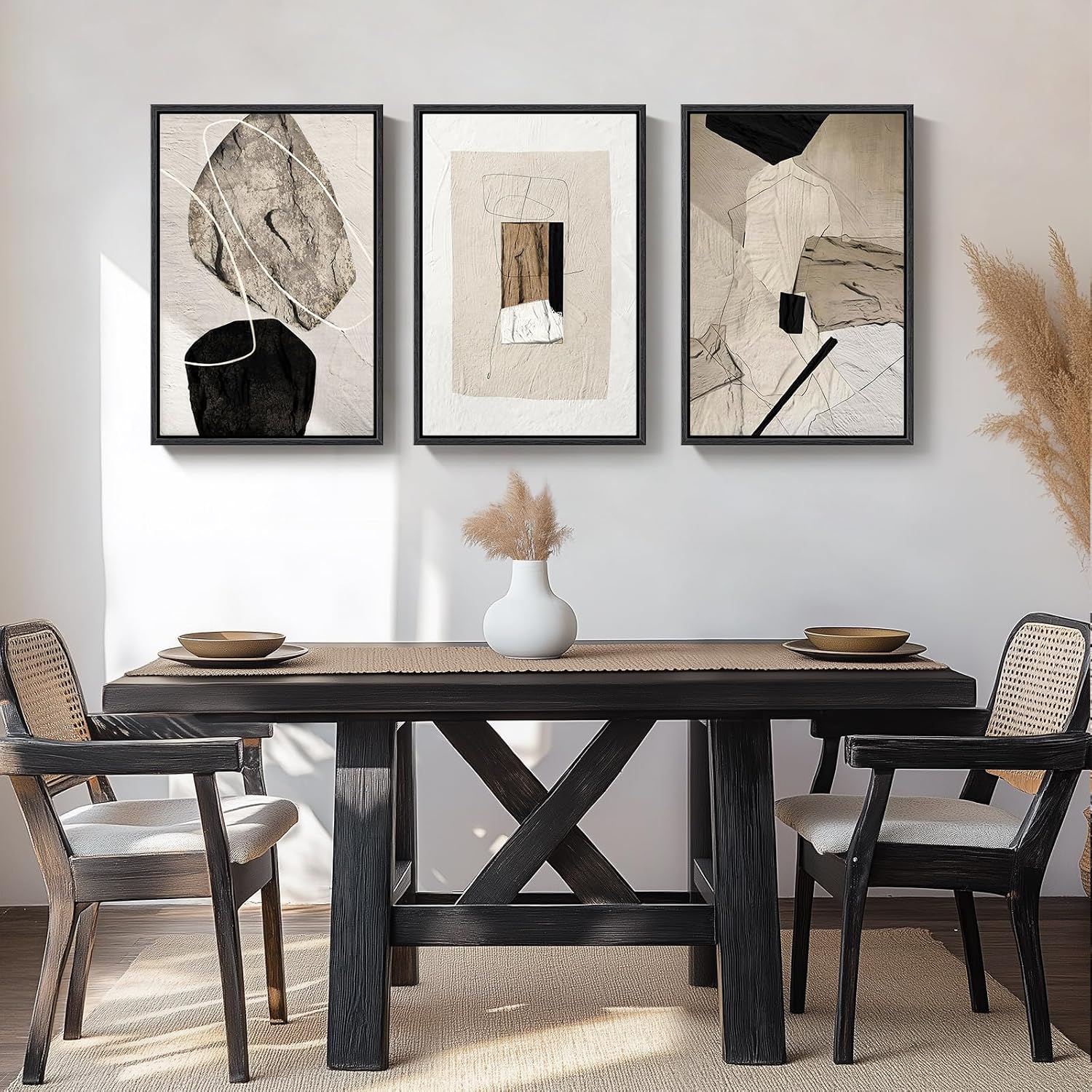 Large Framed Neutral Abstract Wall Art, 3 Piece Modern Canvas Prints Paintings Artwork for Walls, Minimalist Black Beige Pictures for Living Room Hallway Dining Room Bedroom Wall Decor -Total 30x60 In