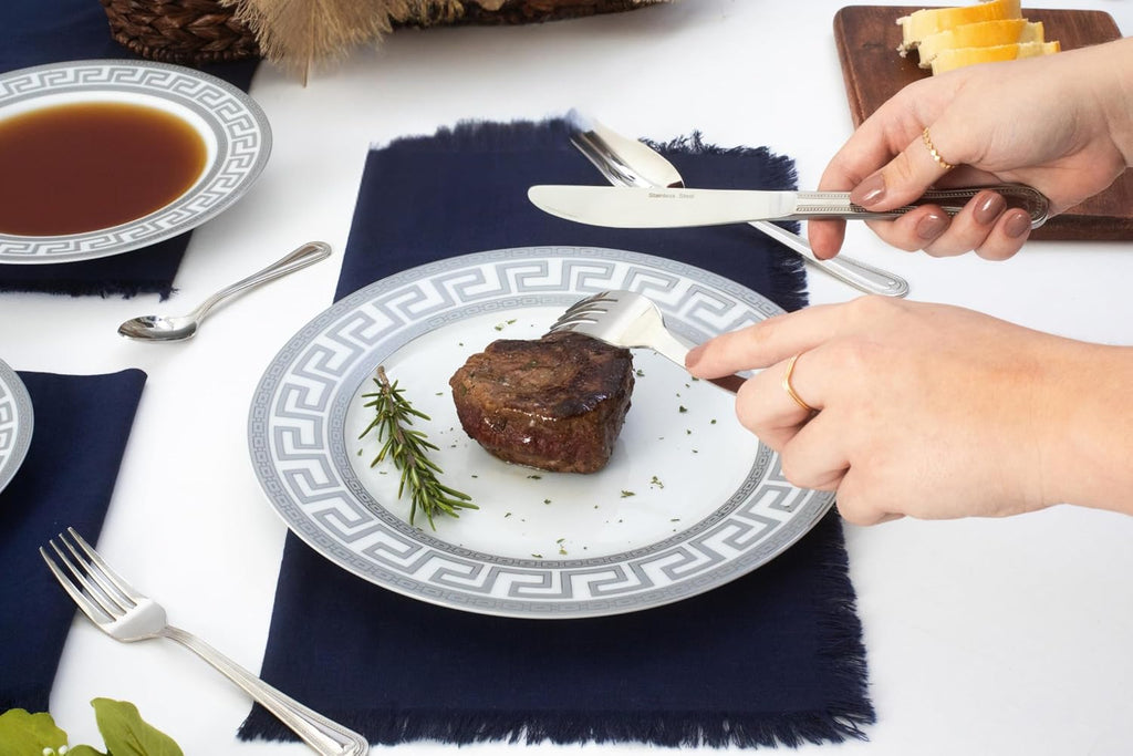 Dinnerware Set for 8-57 Pieces White and Silver Greek Key Design - Vintage Porcelain Plates, Bowls, Cups and Saucers - For Everyday Use and Special Occasions (Meander Silver 2057)