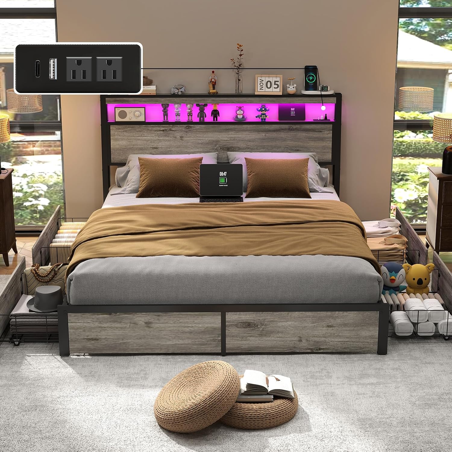 Fabulis Queen Size Bed Frame with 4 Storage Drawers and Headboard with Charging Station and LED Lights,2 Tier Solid Wood Headboard Storage/Noise Free/No Box Spring Needed/Remote Control/Rustic Grey