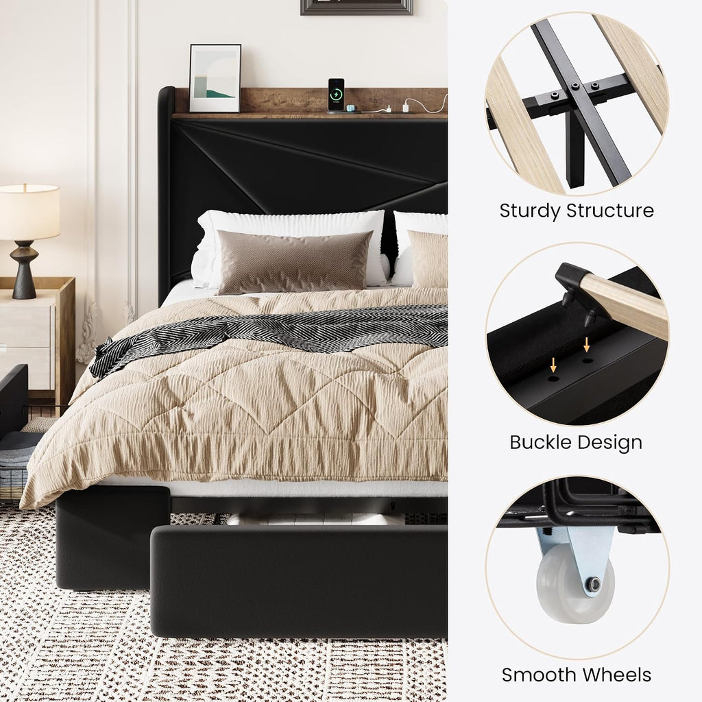 SHA CERLIN Queen Bed Frame with 3 Drawers, USB & Type-C Charging Ports, Velvet Upholstered Platform Bed with Modern Geometric Wingback Storage Headboard, No Box Spring Needed, Easy Assembly, Black