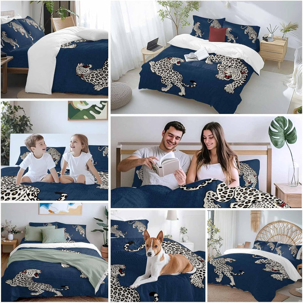 Navy Blue Leopard Duvet Cover Set Queen Size 4 Pieces Modern Style Wild Animal Rustic Linen Texture Bedding Set with Zipper Closure, 1 Comforter Cover 86x86 Inches 1 Flat Sheet & 2 Pillow Cases