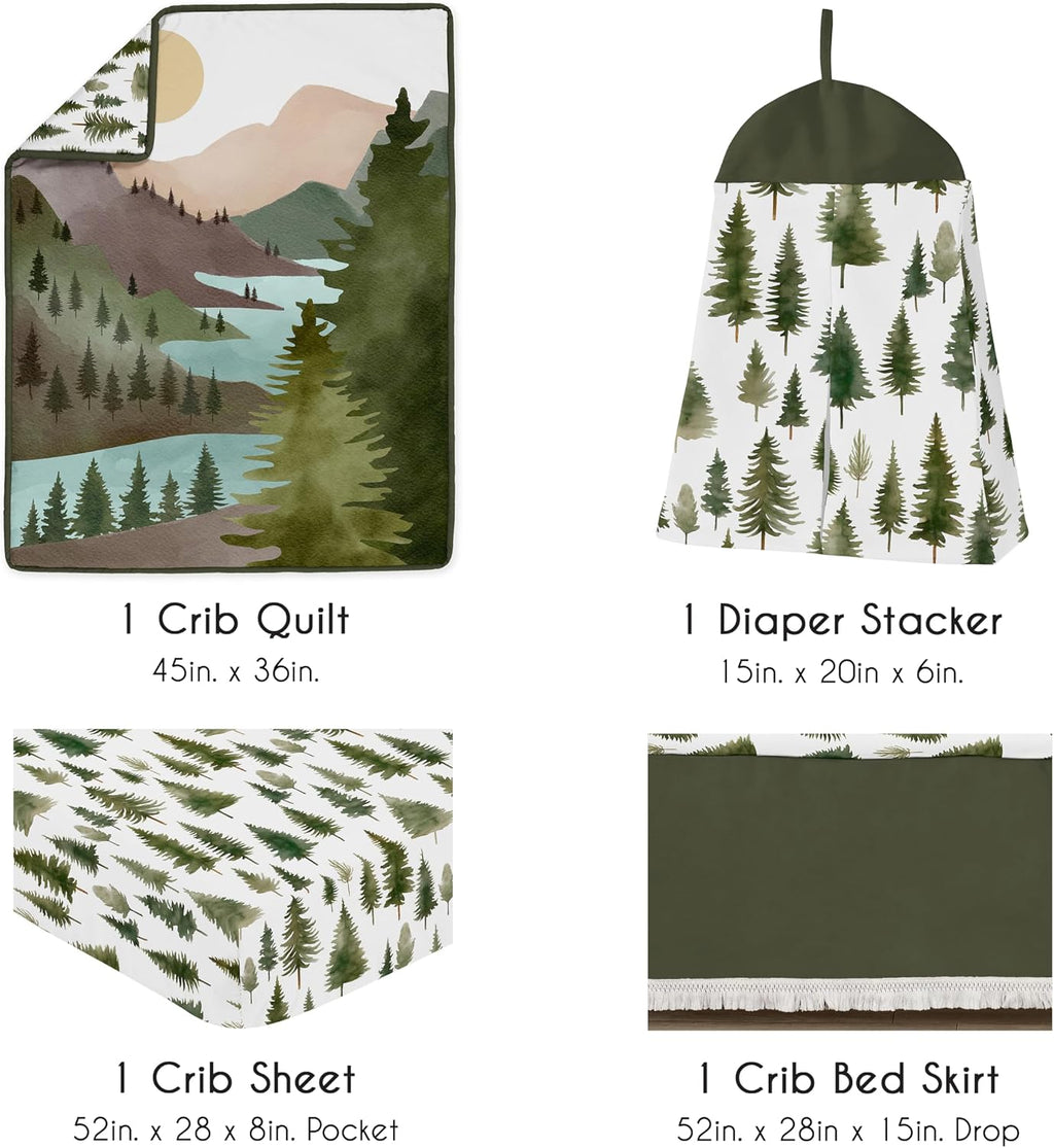 Sweet Jojo Designs 4-Piece Baby Crib Bedding Set (Sage Green Woodland) for Boys or Girls, Infants/Nursery incl. Blanket, Fitted Sheet, Skirt, Diaper Stacker (Forest Nature, Pine Tree, Christmas Trees)