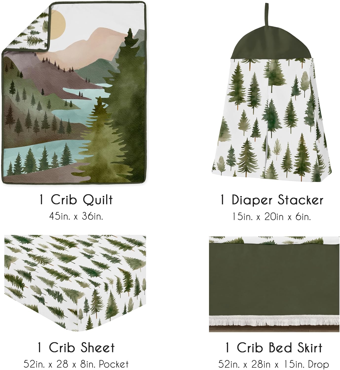 Sweet Jojo Designs 4-Piece Baby Crib Bedding Set (Sage Green Woodland) for Boys or Girls, Infants/Nursery incl. Blanket, Fitted Sheet, Skirt, Diaper Stacker (Forest Nature, Pine Tree, Christmas Trees)