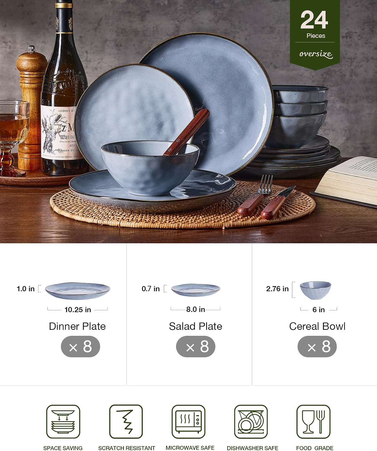 Famiware Dinnerware Sets for 8, Ocean Round 24-Piece Kitchen Plates and Bowls Sets, Reactive Glaze, Microwave and Dishwasher Safe, Scratch Resistant, Blue