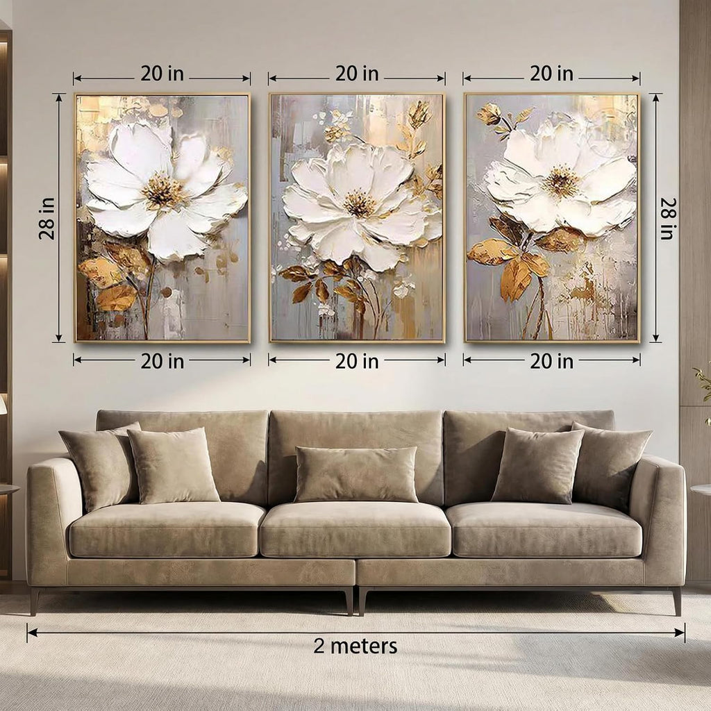 3 Piece Framed Canvas Wall Art for Living Room, Textured White Floral Abstract Oil Painting with Gold Frame, Modern Luxury Flower Wall Decor for Bedroom Office, Each Panel 20x28 Inches