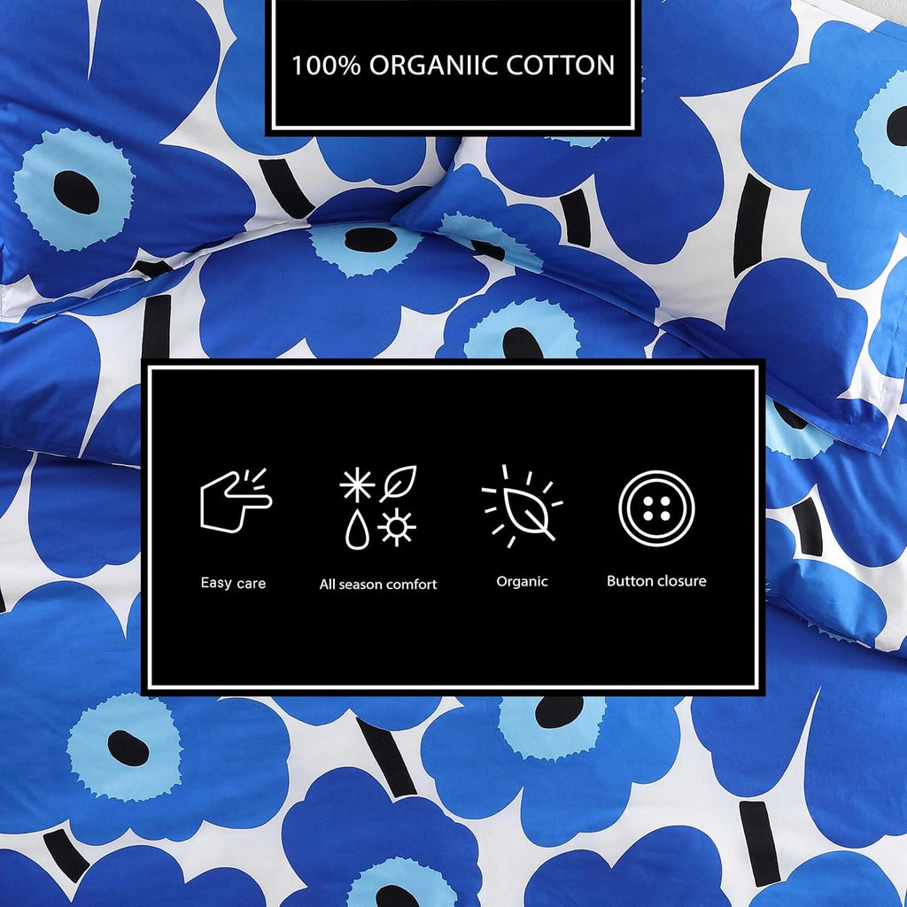 Marimekko - Full/Queen Duvet Cover Set, Cotton Percale Reversible Bedding with Matching Shams, Floral Home Decor (Unikko Blue, Full/Queen)