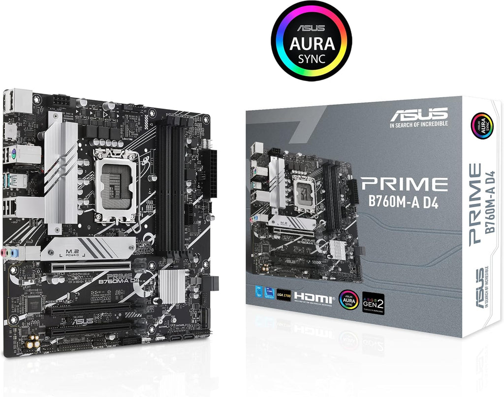 ASUS Prime B760M-A D4 Intel® B760 (LGA 1700)(13th and 12th Gen) mATX Motherboard, PCIe 4.0, 2xM.2 Slots,2.5Gb LAN, DisplayPort,Dual HDMI,Rear USB 3.2 Gen 2, Front 1 Type-C®, Aura Sync