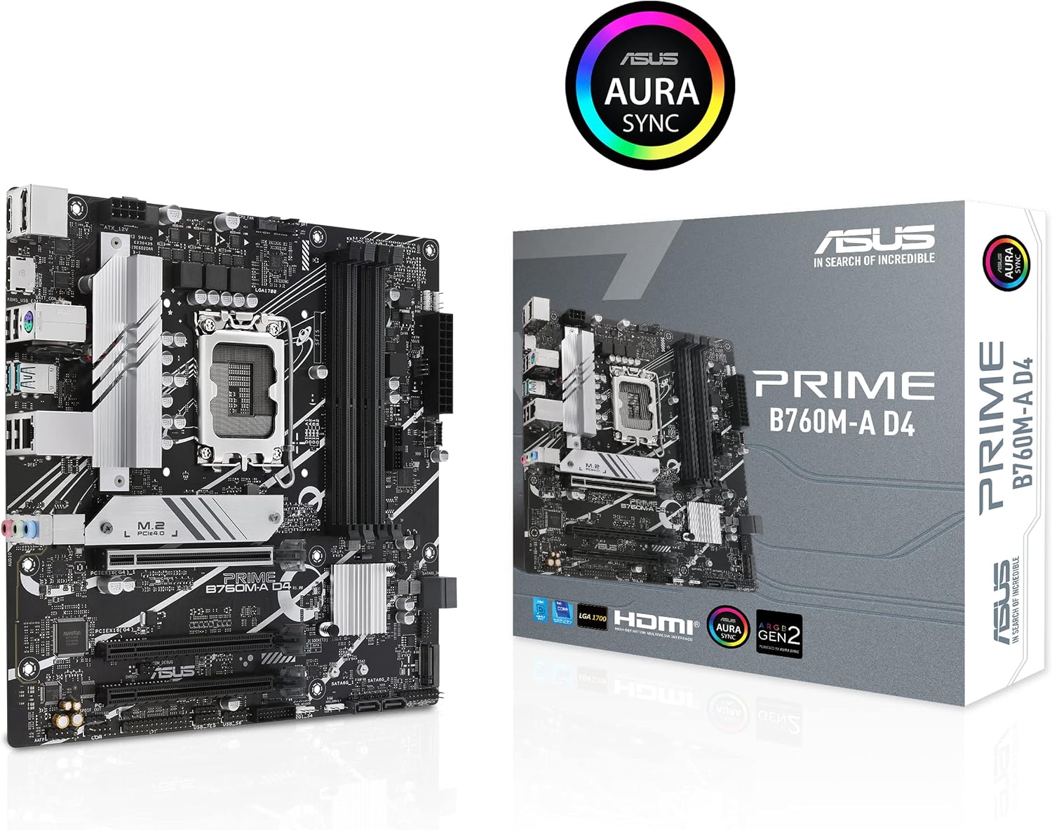 ASUS Prime B760M-A D4 Intel® B760 (LGA 1700)(13th and 12th Gen) mATX Motherboard, PCIe 4.0, 2xM.2 Slots,2.5Gb LAN, DisplayPort,Dual HDMI,Rear USB 3.2 Gen 2, Front 1 Type-C®, Aura Sync