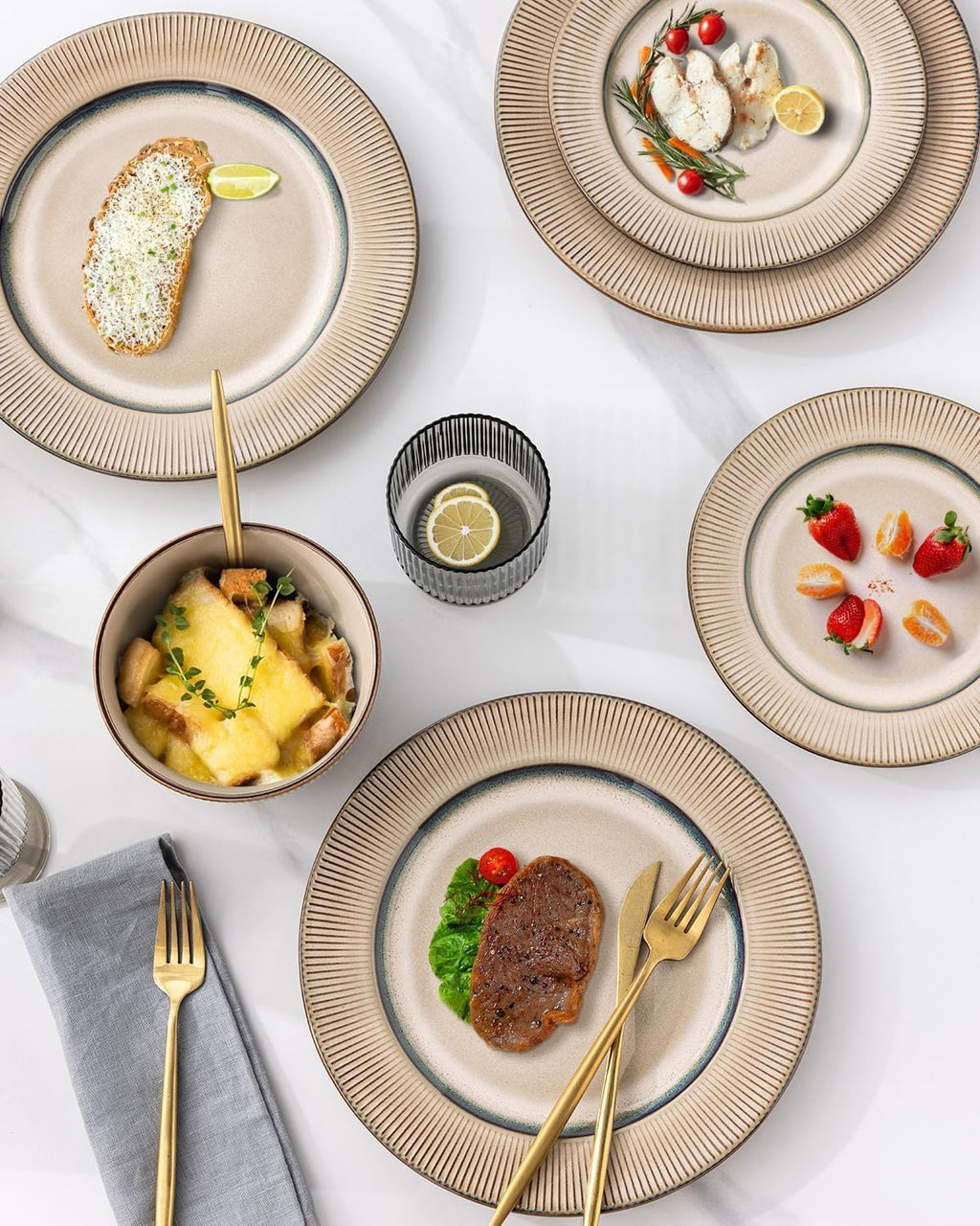 GBHOME Ceramic Dinnerware Sets, 24 pcs Embossed Elegant Stoneware Plates and Bowls Sets, Housewarming Wedding Gift | Dishwasher & Microwave Safe | Dishes Set Service for 8