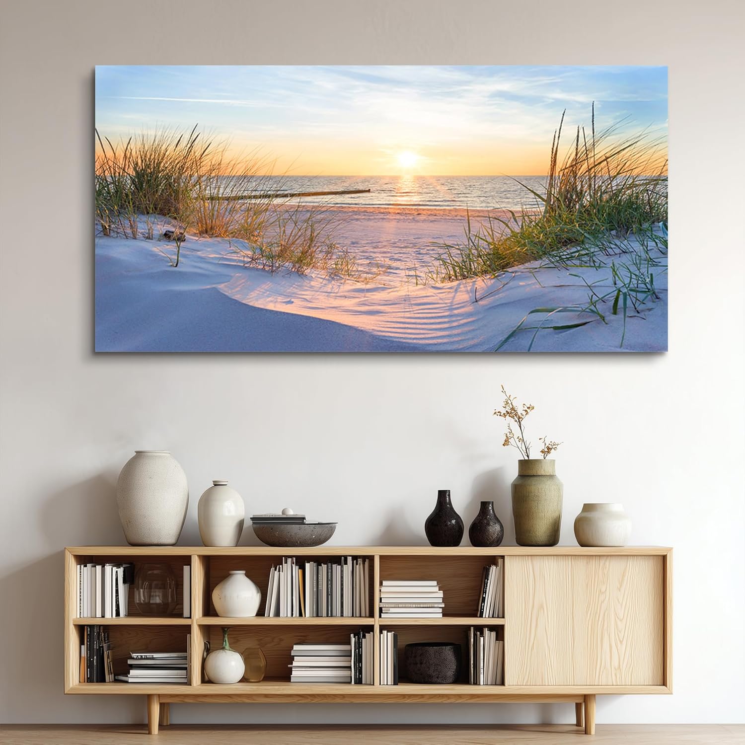 Canvas Wall Art For Living Room Super Large Size Wall Decor For Office Canvas Art Framed Pictures Artwork Blue Sun Beach Grass Ocean Landscape Paintings Bedroom Decor Seascape Draw Home Decorations