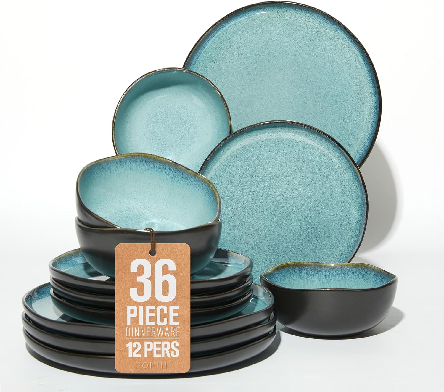 Pokini Extra Large Dinnerware Set for 12, 36 Pieces Ceramic Plates and Bowls Set, Kitchen Dish Set, Microwave & Dishwasher Safe Dishware, Ocean-Inspired Stoneware for Big Gatherings, Green Black