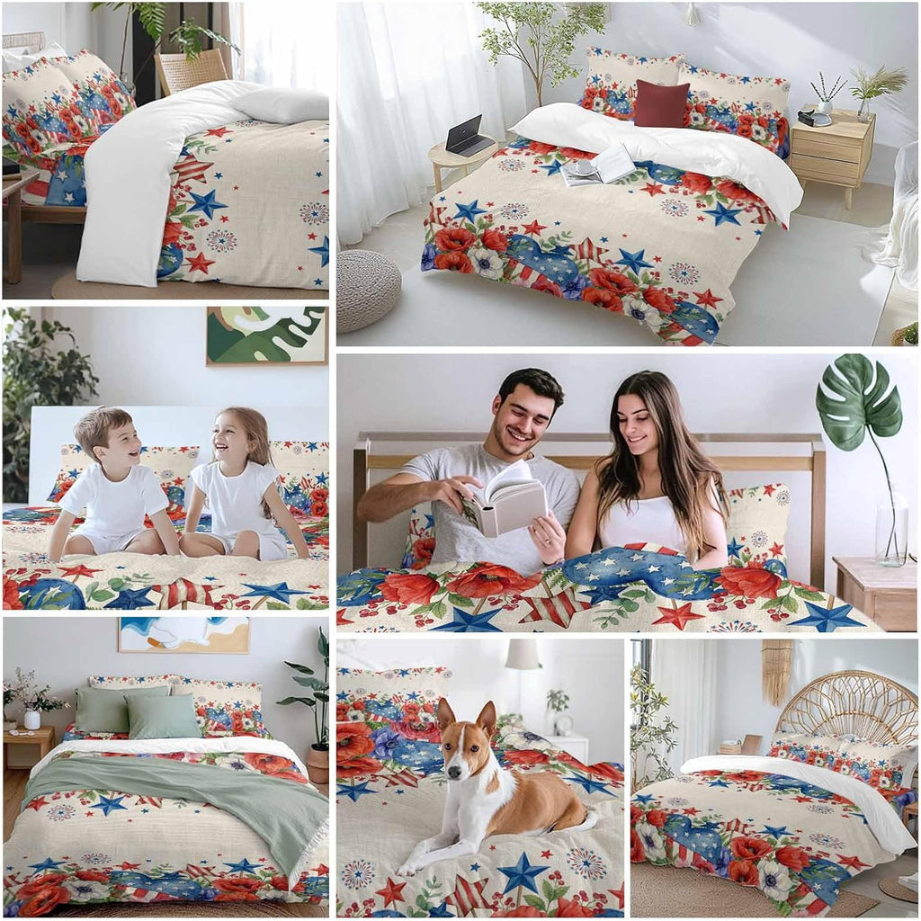 Independence Day Duvet Cover Set Queen Size 4 Pieces Blue Red White Floral Flower Love Heart Retro Bedding Set with Zipper Closure, 1 Comforter Cover 90x92 Inches 1 Flat Sheet & 2 Pillow Cases