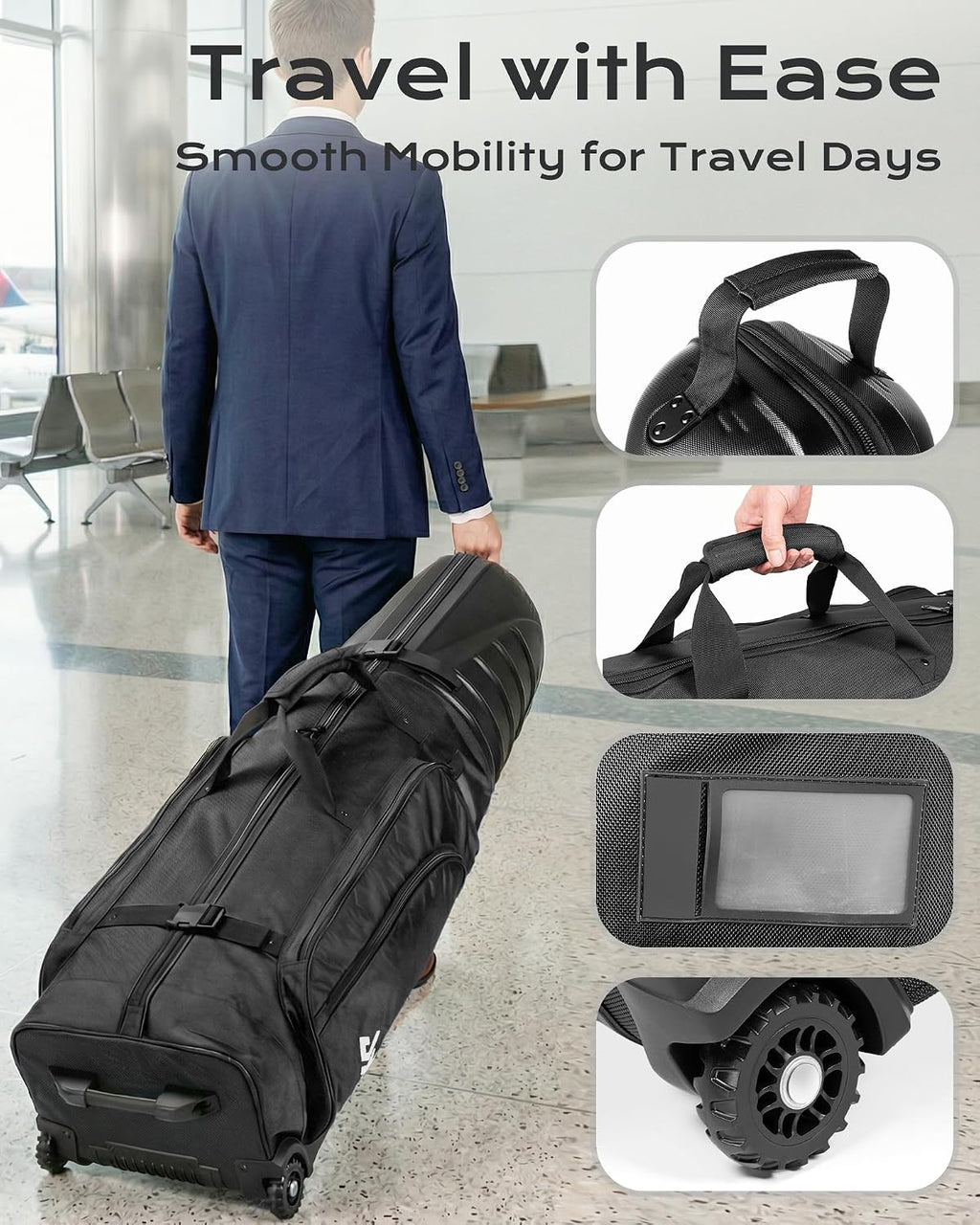 Golf Travel Bag for Airlines, ABS Hard Shell Top, 1680D Oxford Cloth, 4 Side Pockets, Two 4 Inch Wheels, Lockable Zippers, Foldable Club Travel Case