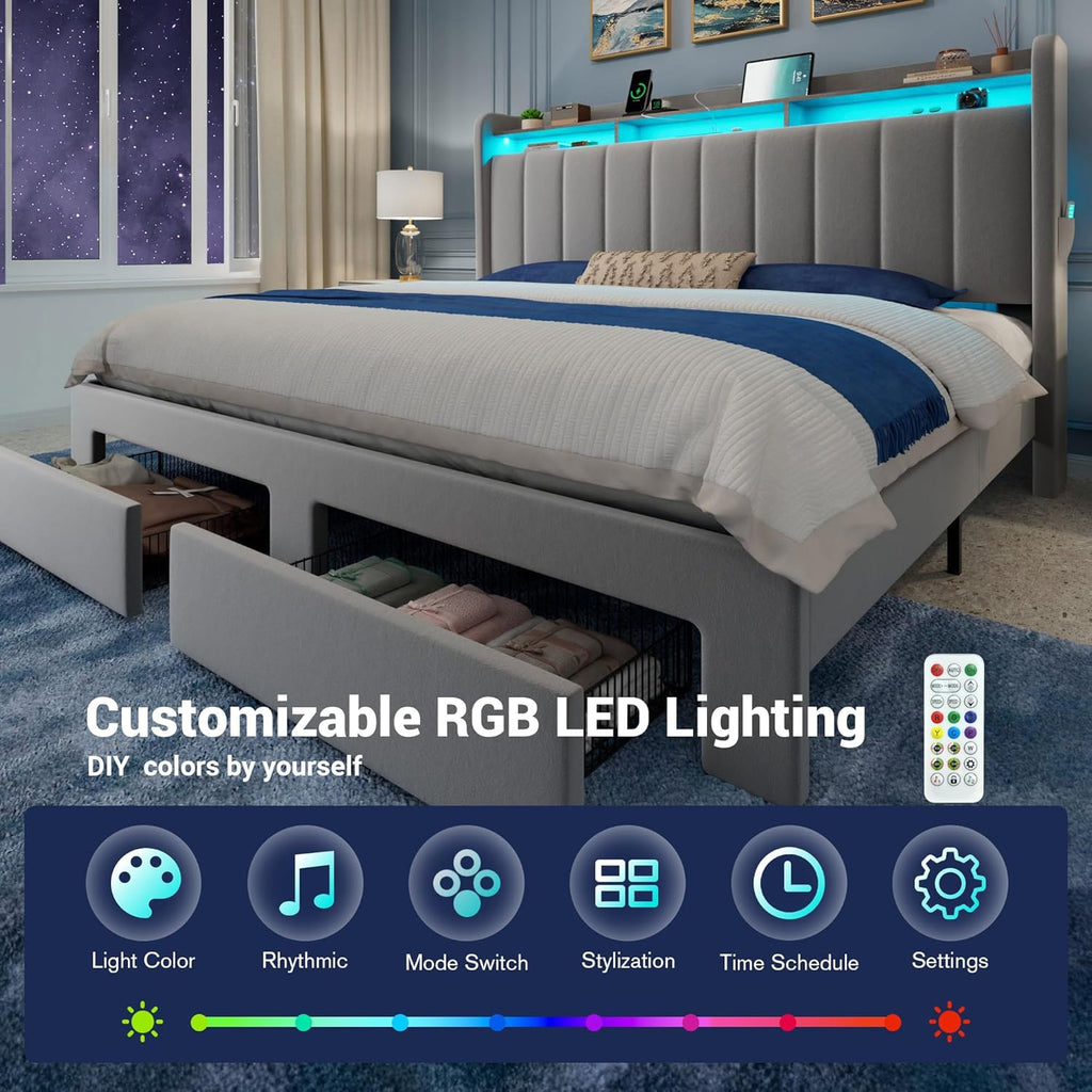 Allewie King Size Bed Frame with 2-Tier LED Storage Headboard, Velvet Upholstered King Platform Bed with 2 Storage Drawers, USB & Type-C Charging Ports, Noise-Free/No Box Spring Needed, Grey