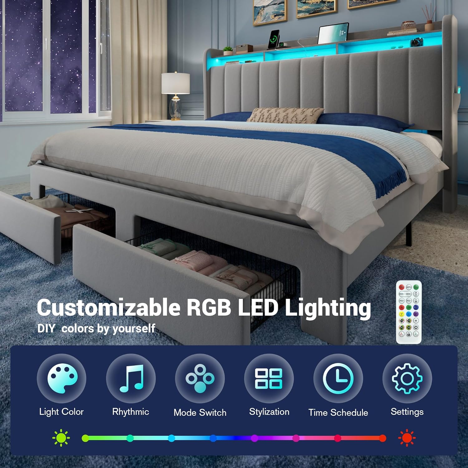 Allewie King Size Bed Frame with 2-Tier LED Storage Headboard, Velvet Upholstered King Platform Bed with 2 Storage Drawers, USB & Type-C Charging Ports, Noise-Free/No Box Spring Needed, Grey