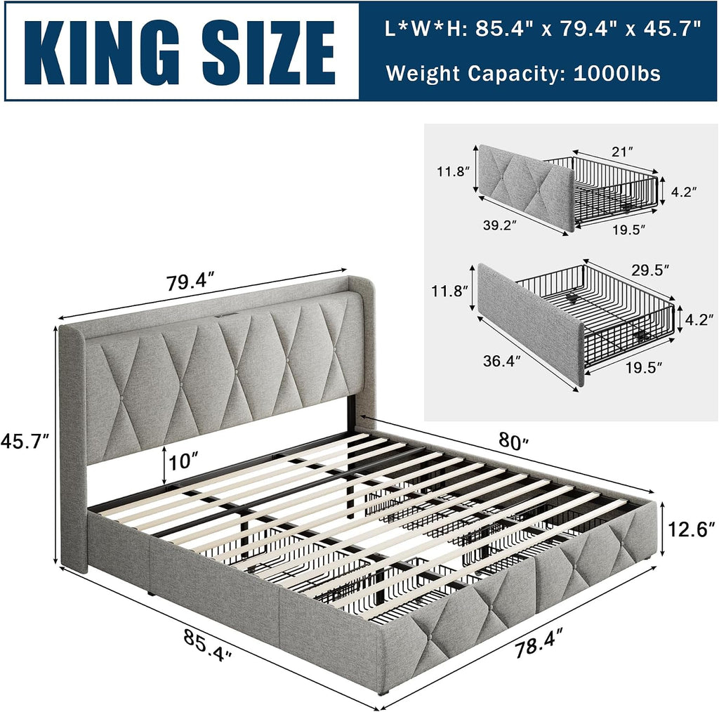 GalnFu King Size Bed Frame with 4 Storage Drawers, Upholstered Platform Bed with Charging Station, Modern Wingback Storage Headboard, Easy Assembly,Noise-Free, Light Gray