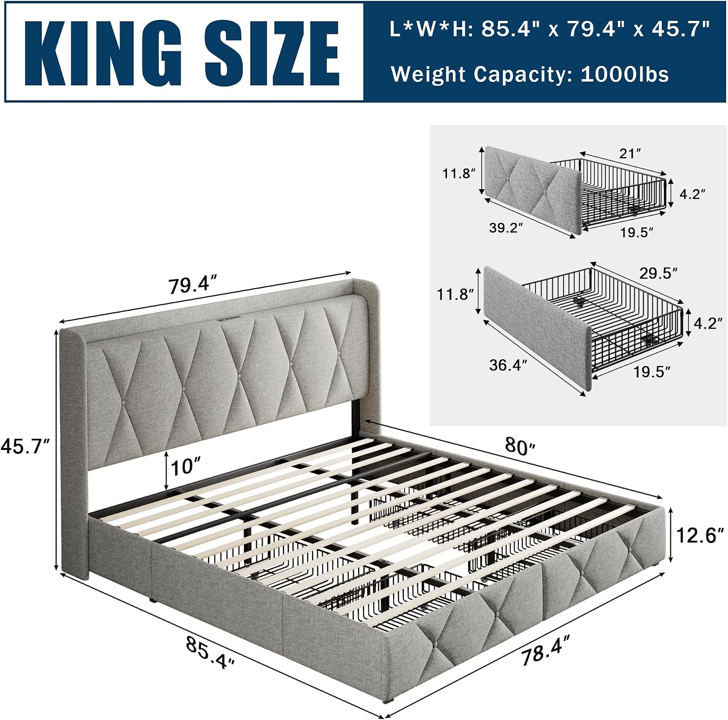 GalnFu King Size Bed Frame with 4 Storage Drawers, Upholstered Platform Bed with Charging Station, Modern Wingback Storage Headboard, Easy Assembly,Noise-Free, Light Gray