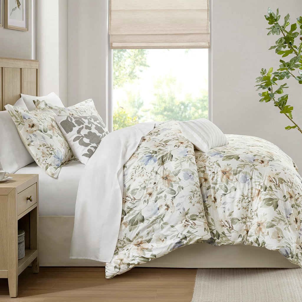 Harbor House Cal King Comforter Set Watercolor Floral Print, 300TC Sateen Cotton Comforters for Cal King Size Bed, All Season Oversized Comforter, Shams, Bed Skirt, Pillows, Cal King, Multi, 6 Piece