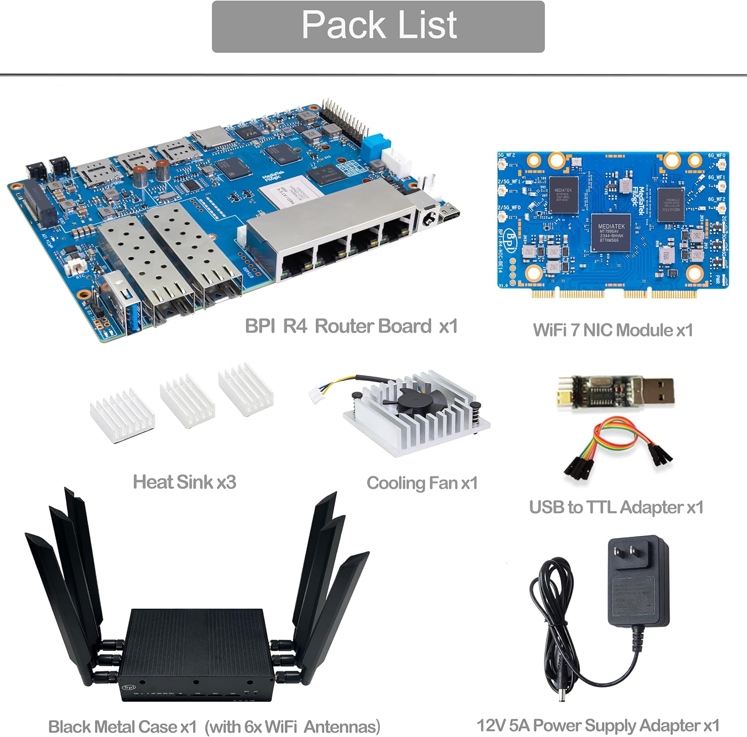 Banana Pi BPI-R4 WiFi 7 OpenWRT Wireless Dual-Band WiFi Router Board, MediaTek MT7988A (Filogic 880) SoC, 4G/5G Internet Router, 4X GbE and 2X 10GbE SFP for NAS Smart Home Gateway (8GB RAM Bundle3)