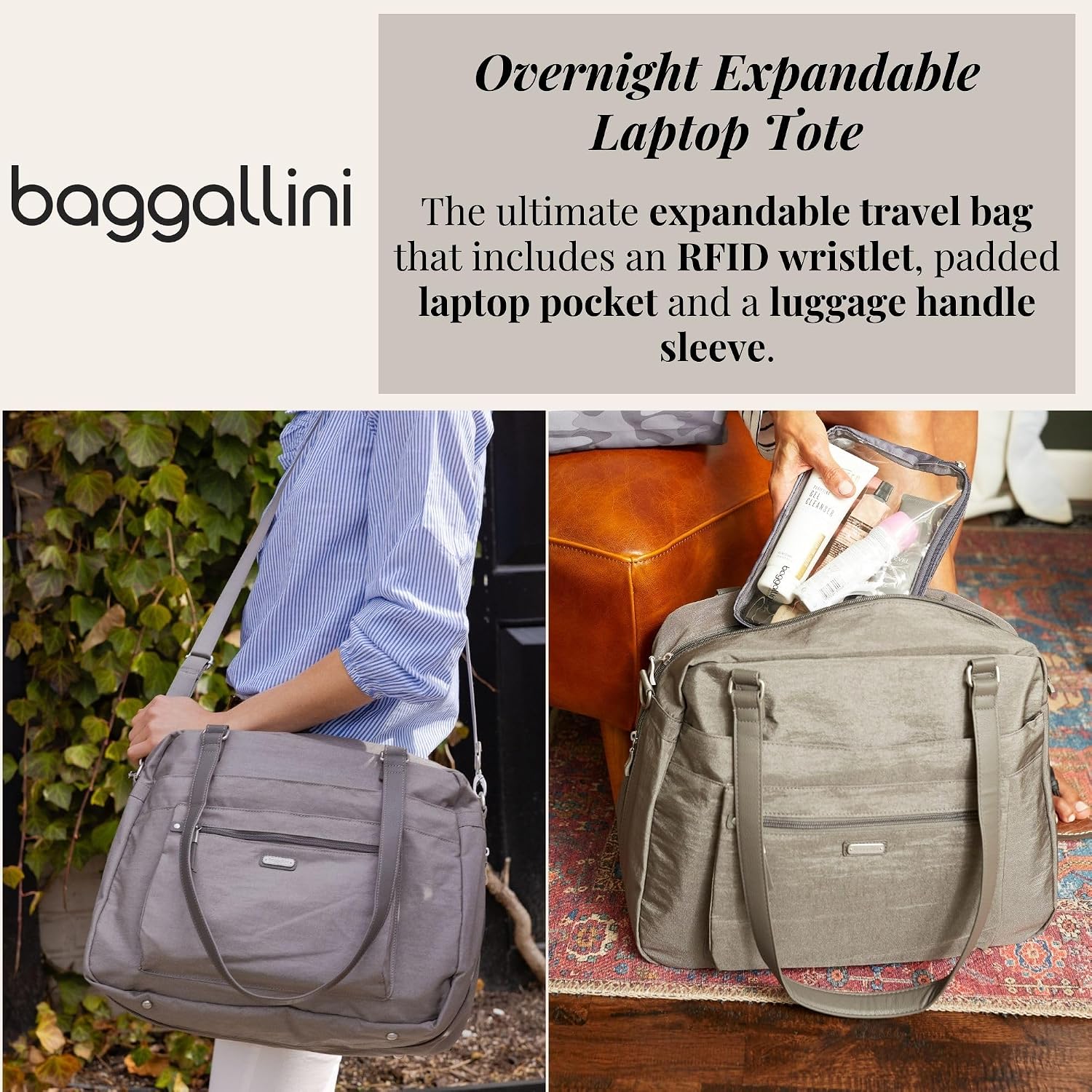 Baggallini Overnight Expandable Laptop Tote with RFID Phone Wristlet