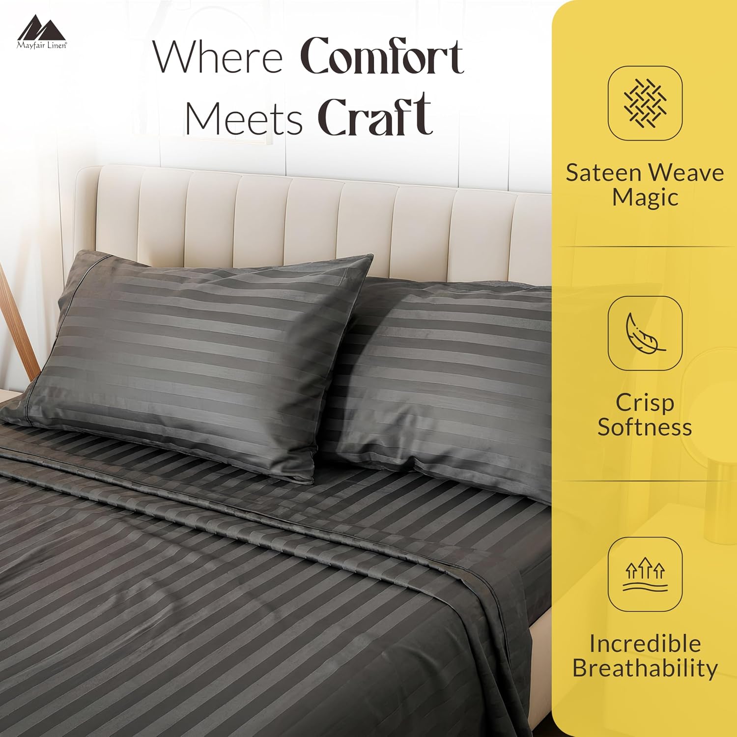 Mayfair Linen 100% Pure Egyptian Cotton Sheet King Size - Luxury 1000 Series Grandiose Collection Striped King Size Sheets Set (4 PC, Dark Grey - Stripe), 16' Deep Pocket Soft Cooling Hotel Sheets Set