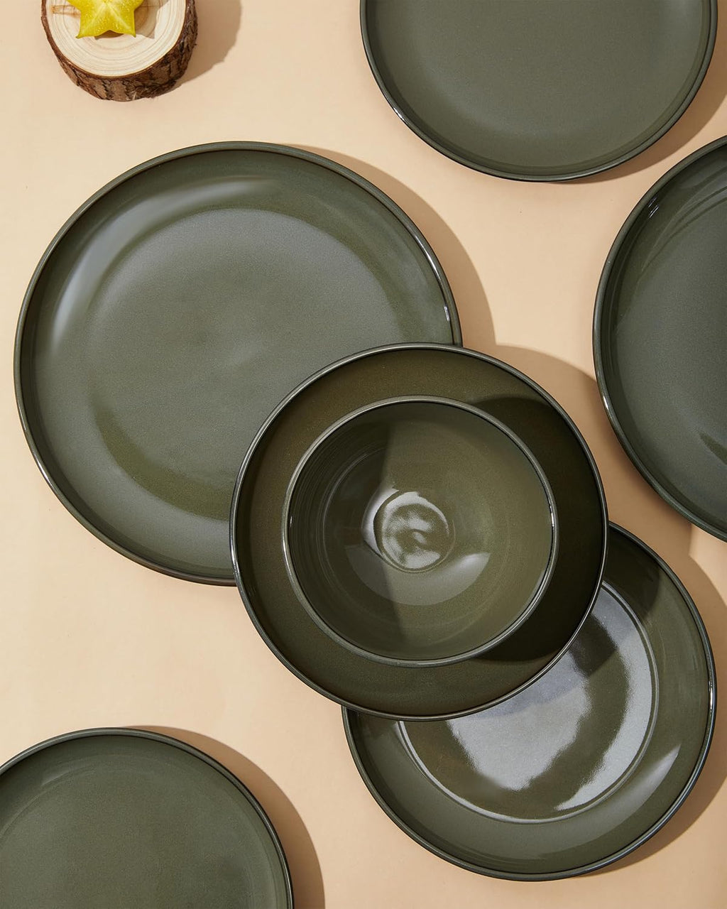 Pokini 18 Piece Dinnerware Set for 6, Reactive Glaze Terracotta Plates and Bowls Set, Large Family-Sized Stoneware Dish Set for Gatherings, Chip and Scratch Resistant, Blackish Green
