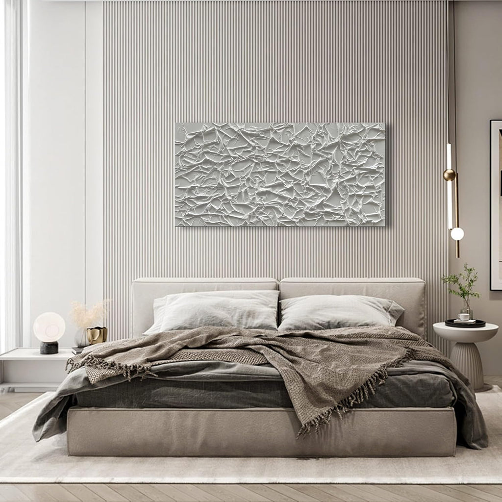 NANKAI Art Hand Painted Thick Texture White Minimalist Oil Painting, 24x48 inch, Abstract, Office Wall Decor