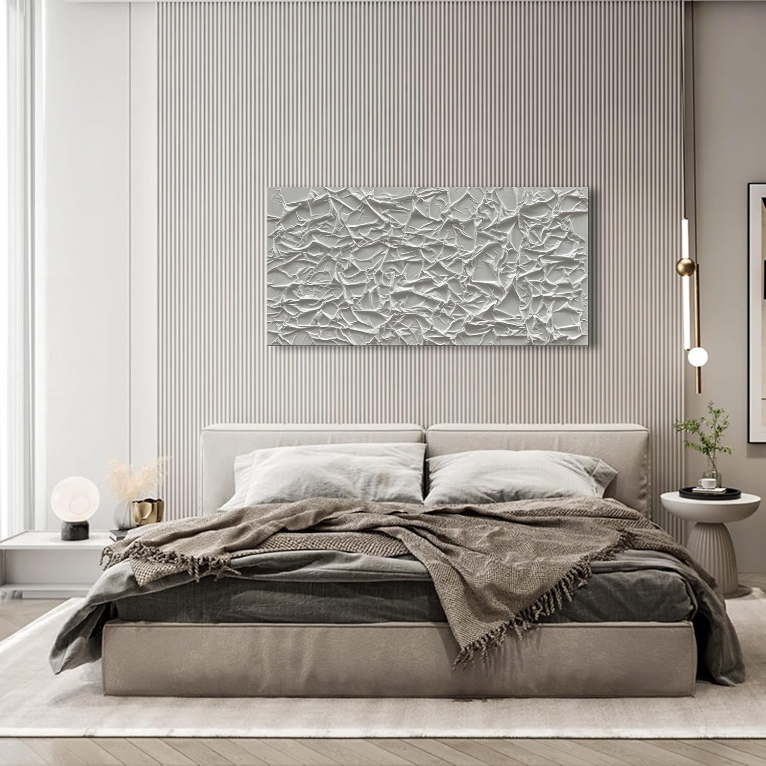 NANKAI Art Hand Painted Thick Texture White Minimalist Oil Painting, 24x48 inch, Abstract, Office Wall Decor