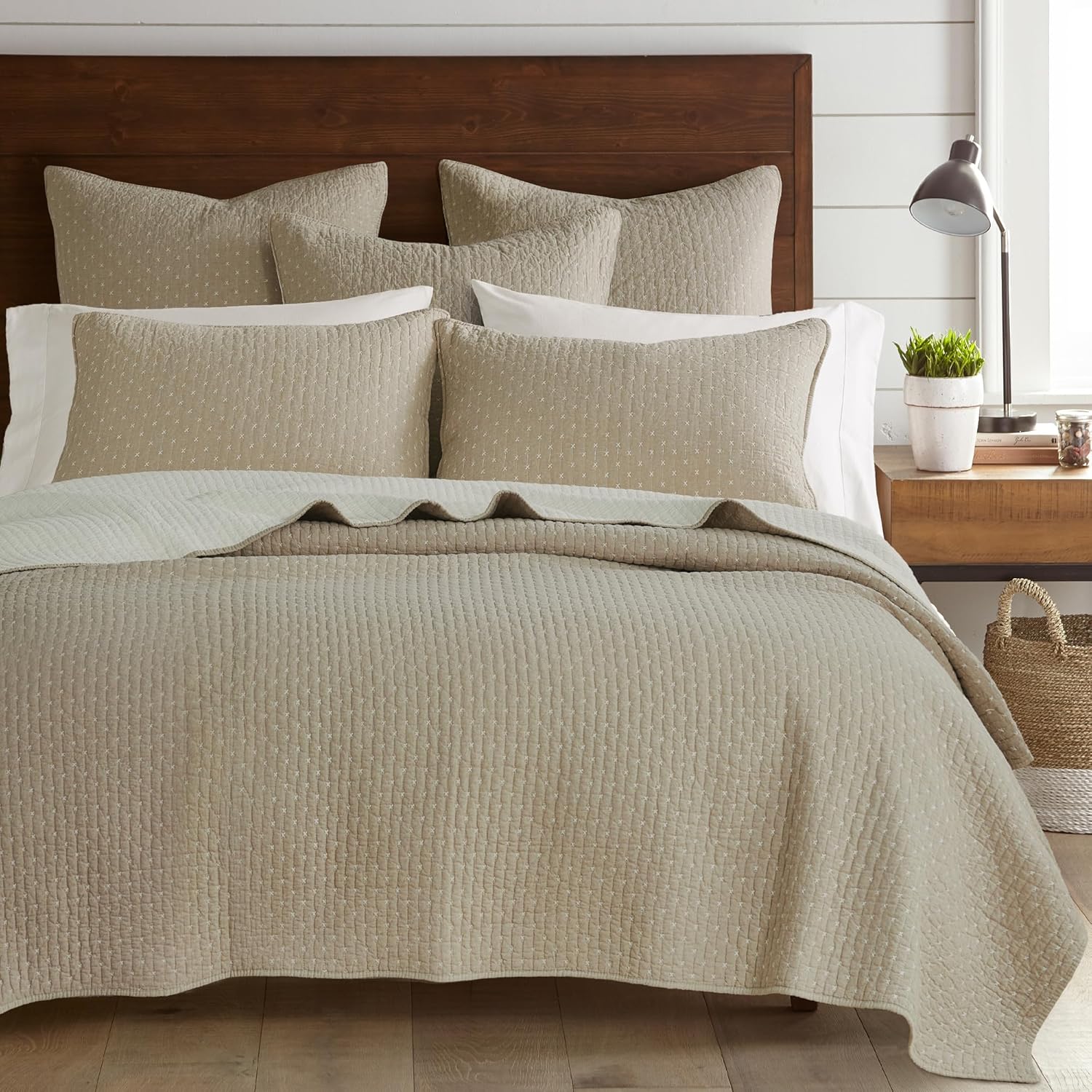 Levtex Home Cross Stitch Reversible Twin XL/Twin Quilt Set (68x86in) with 1 Pillow Sham (26x20in) - Stitch Texture - Taupe - Cotton Twin/Twin Size Quilt Bedding Set - Lightweight, Soft, Pre-Washed