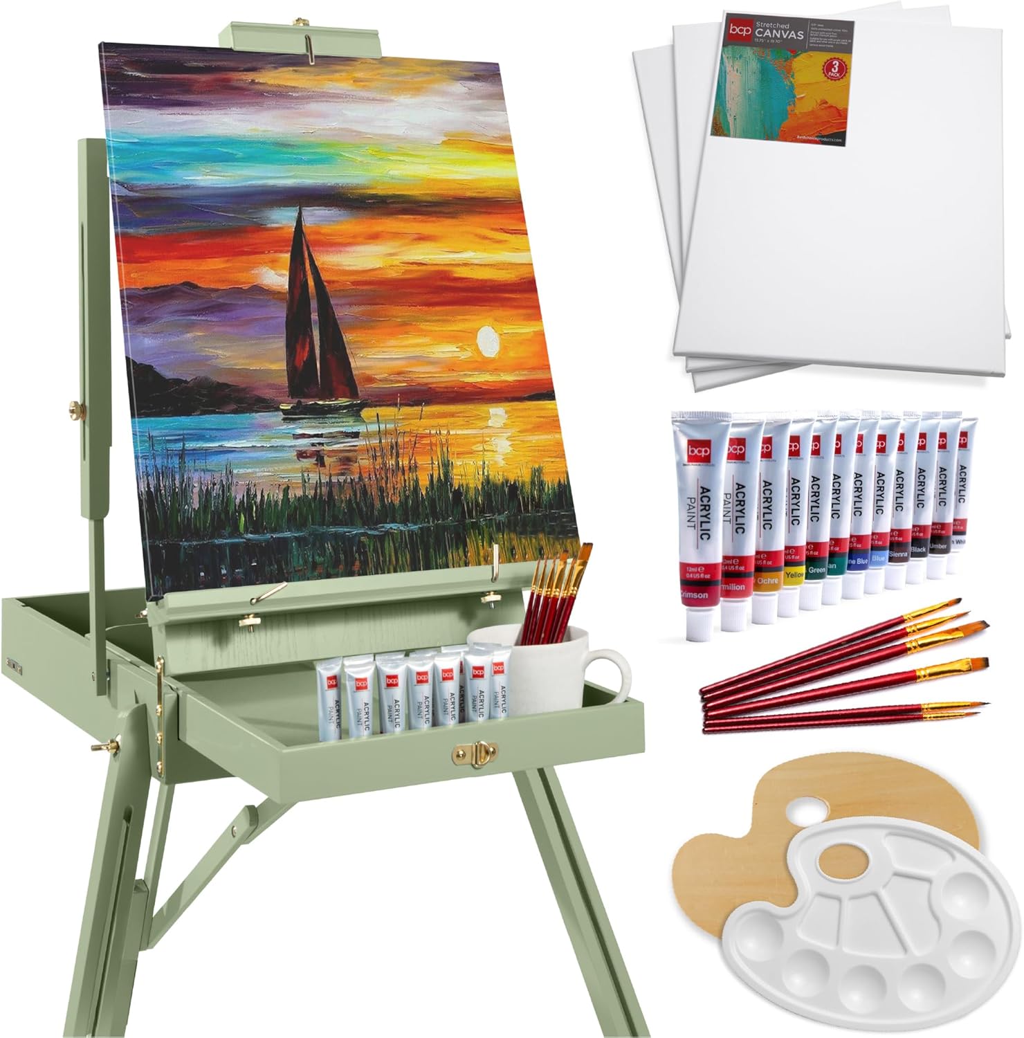 Best Choice Products Art Easel for Painting, Portable Wooden Adjustable Artist Tripod with Sketch Box, 32-Piece Art Set with Acrylic Paints, Brushes, Canvases & Palette - Sage Green