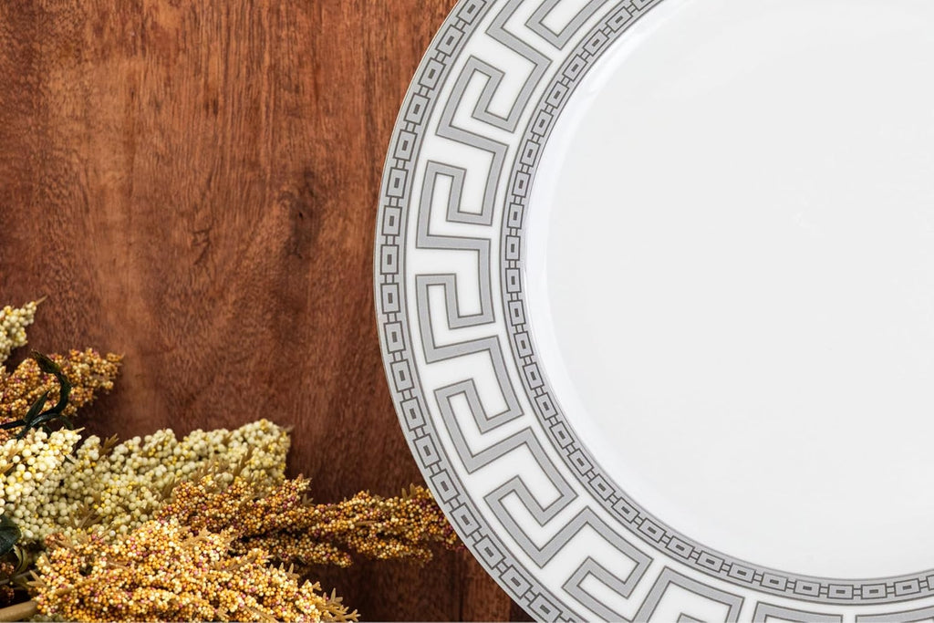 Dinnerware Set for 8-57 Pieces White and Silver Greek Key Design - Vintage Porcelain Plates, Bowls, Cups and Saucers - For Everyday Use and Special Occasions (Meander Silver 2057)