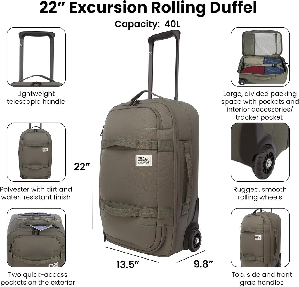 Eddie Bauer Excursion Traveling 22 Rolling Duffel Bag with Lightweight Telescopic Handles and Rugged Wheels - 40L, Brook
