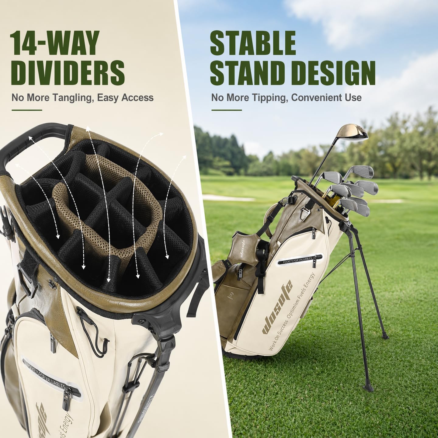 WOSOFE PU Golf Bag with 6/14 Way Top Dividers Automatically Adjustable Dual Straps Elegant Design for Men Women Pu Golf Stand Bag with Multiple Pockets