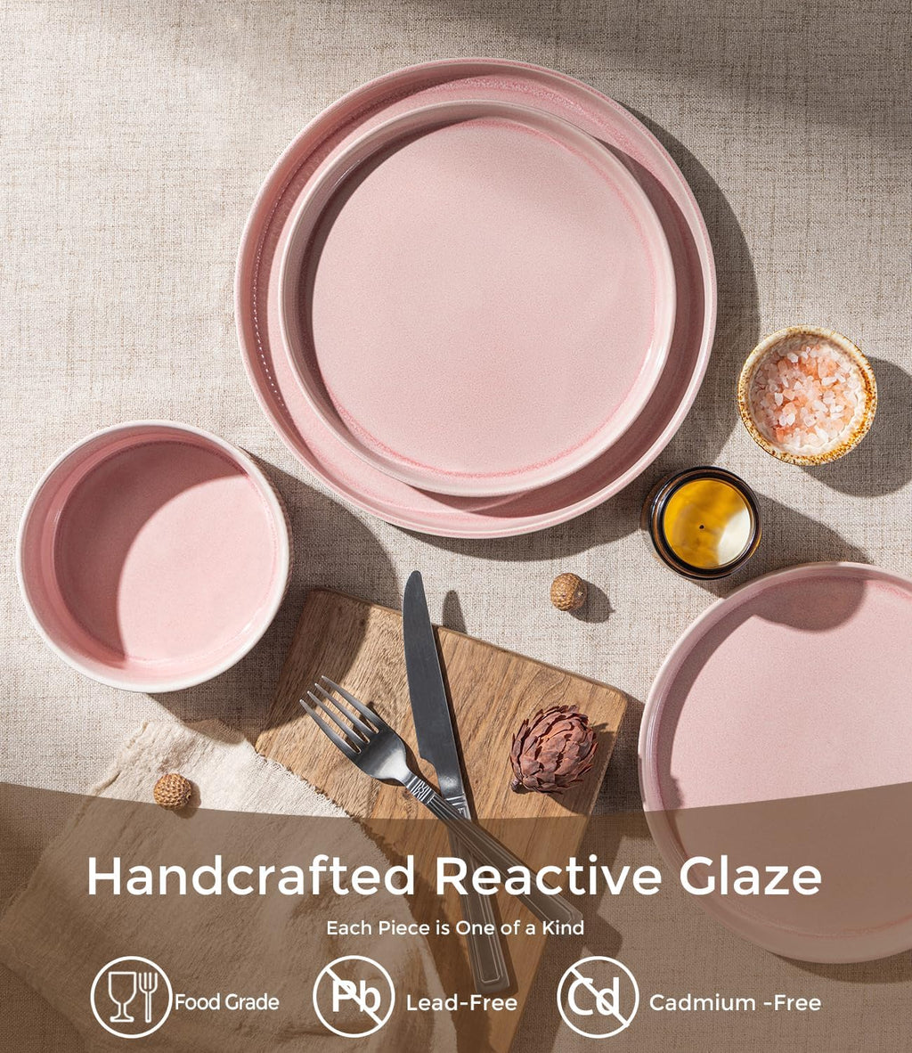 GBHOME 24-Piece Stoneware Dinnerware Set for 8 – Ribbed Ceramic Plates and Bowls, Scratch-Resistant, Microwave & Dishwasher Safe, Reactive Glaze, Blush Veil