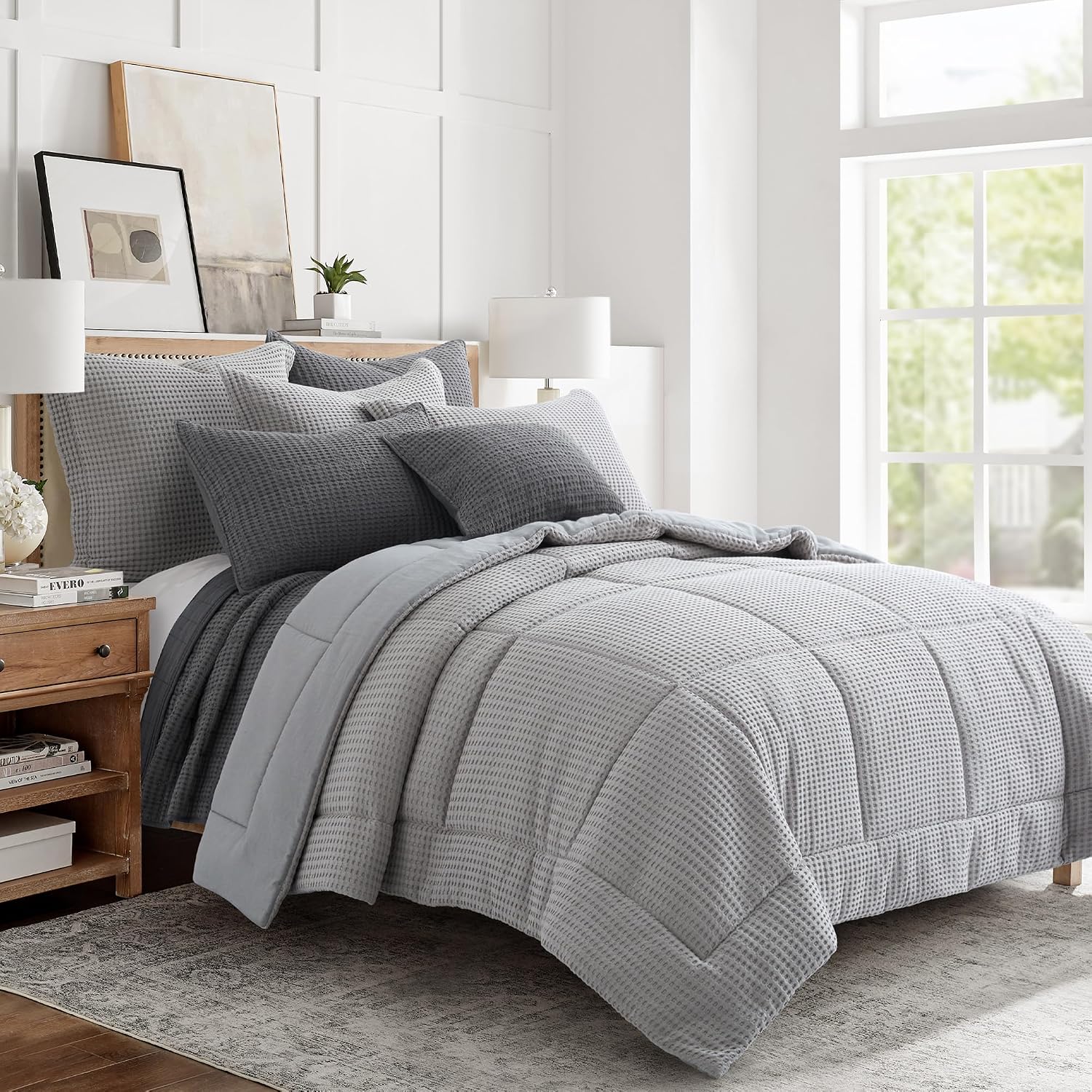 Levtex Home Mills Waffle Full/Queen Comforter Set (90x94in) with 2 Pillow Shams (26x20in) - Grey Pewter - 100% Cotton Full/Queen Size Comforter Set - Soft, Pre-Washed