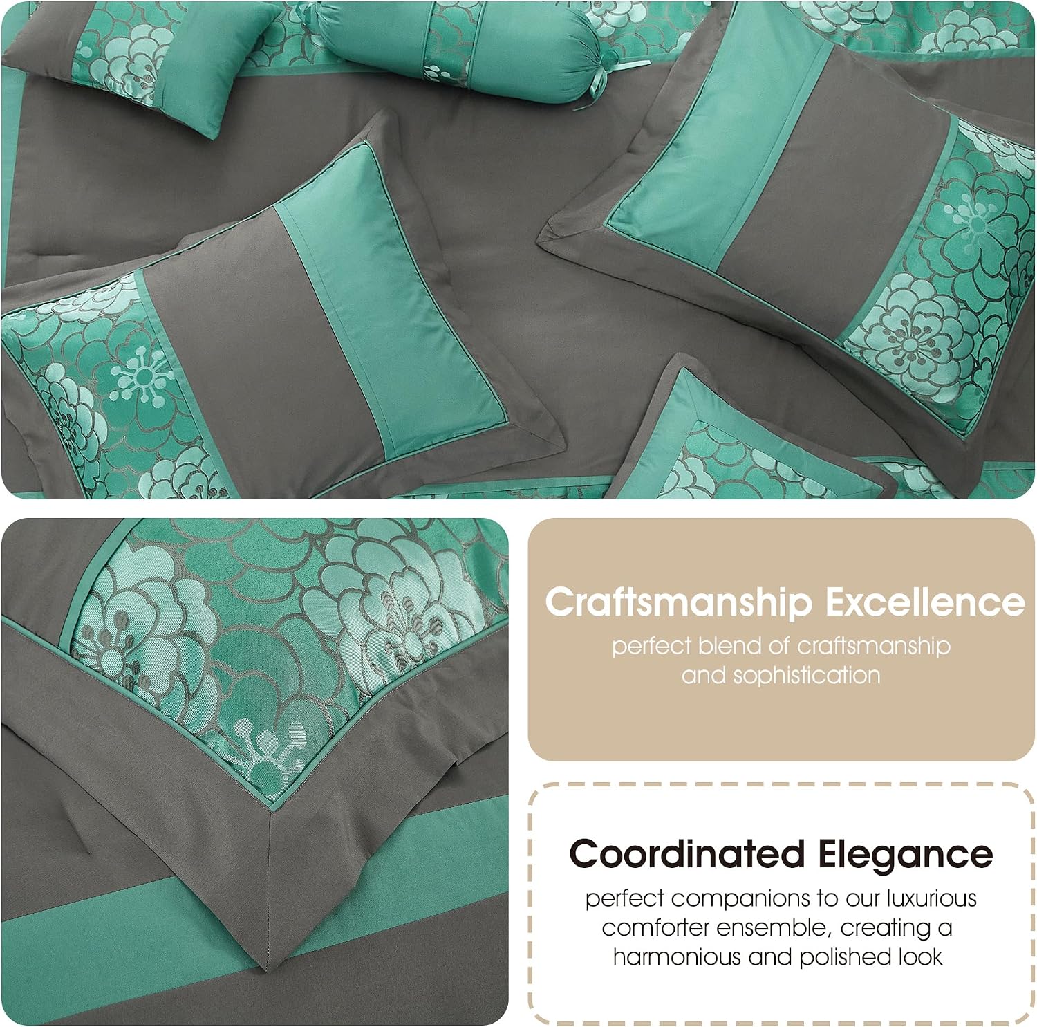 Grand Avenue Aqua Grey Comforter Set Queen Size, 7 Piece Jacquard Soft Bedding Set, All Season, Bedskirt, Pillows & Shams