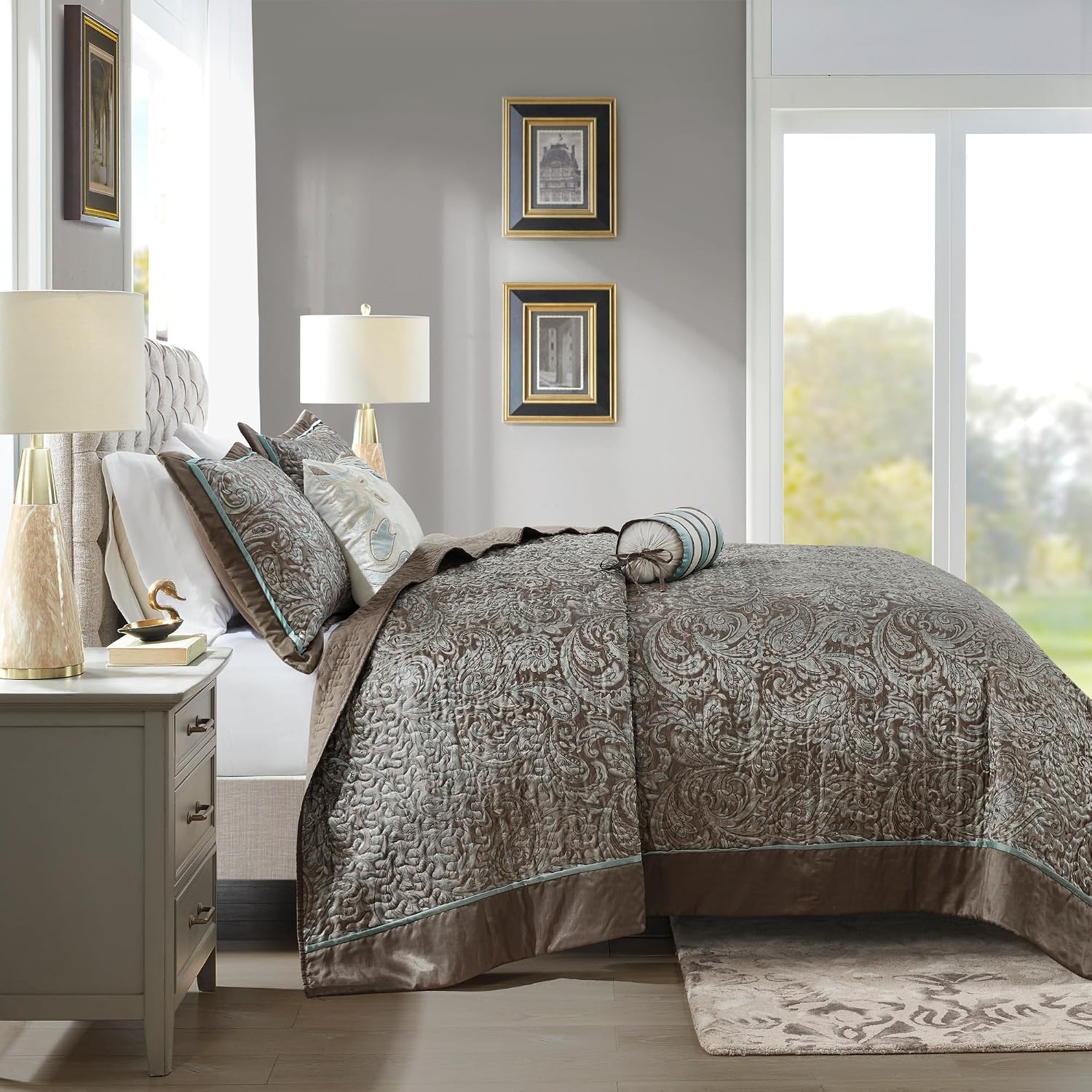 Madison Park Aubrey Reversible Quilted Bedspread Set, Solid Reverse Summer Breathable, Lightweight All Season Bedding Layer, Matching Shams, Bedspread Queen(102'x118'), Blue 5 Piece