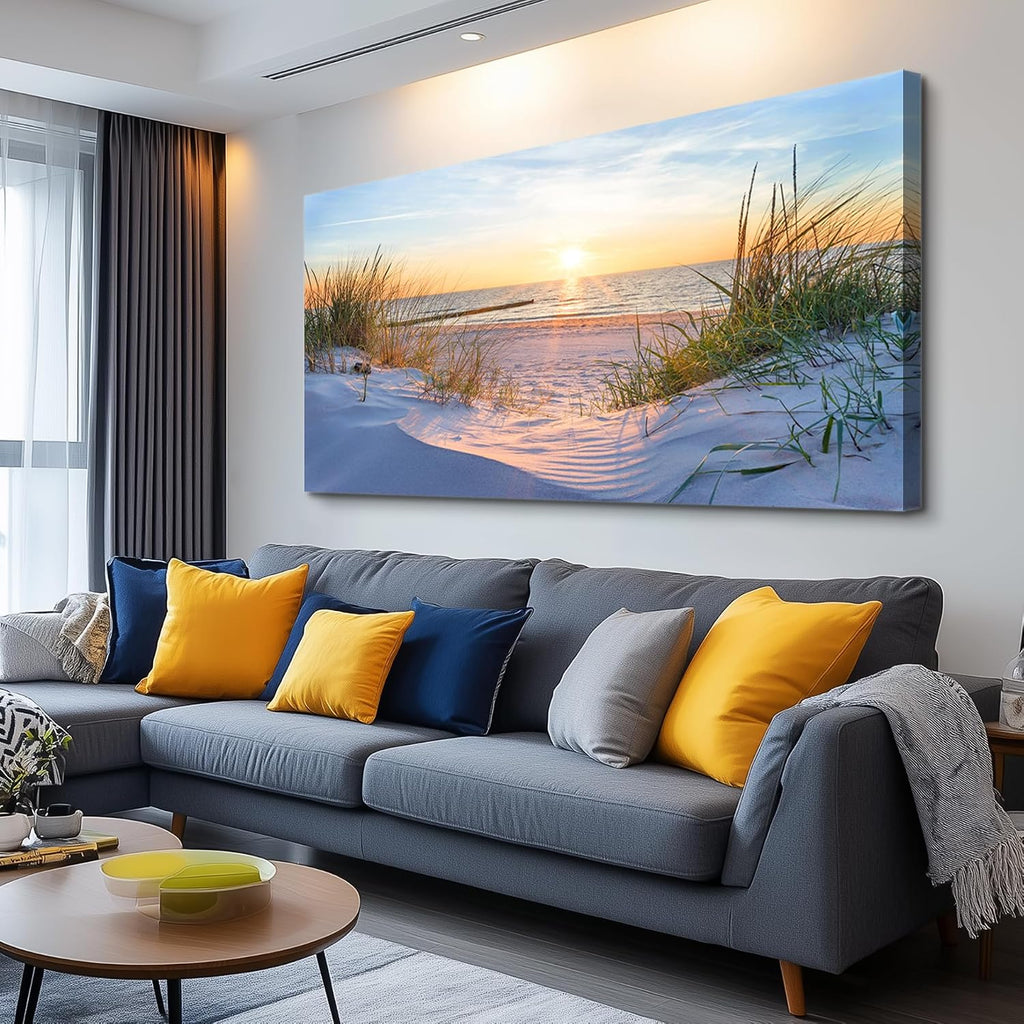 Canvas Wall Art For Living Room Super Large Size Wall Decor For Office Canvas Art Framed Pictures Artwork Blue Sun Beach Grass Ocean Landscape Paintings Bedroom Decor Seascape Draw Home Decorations