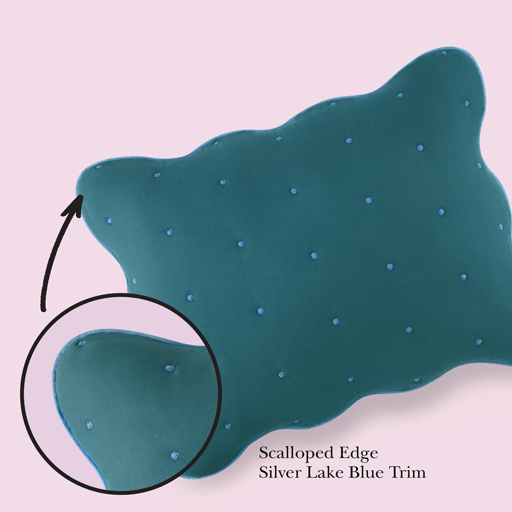 kate spade new york Scalloped Edge 2-Piece Twin Quilt Bedding Set, 100% Cotton Voile Reversible Cover, All Season Bedding, Machine Washable, Blue Spruce