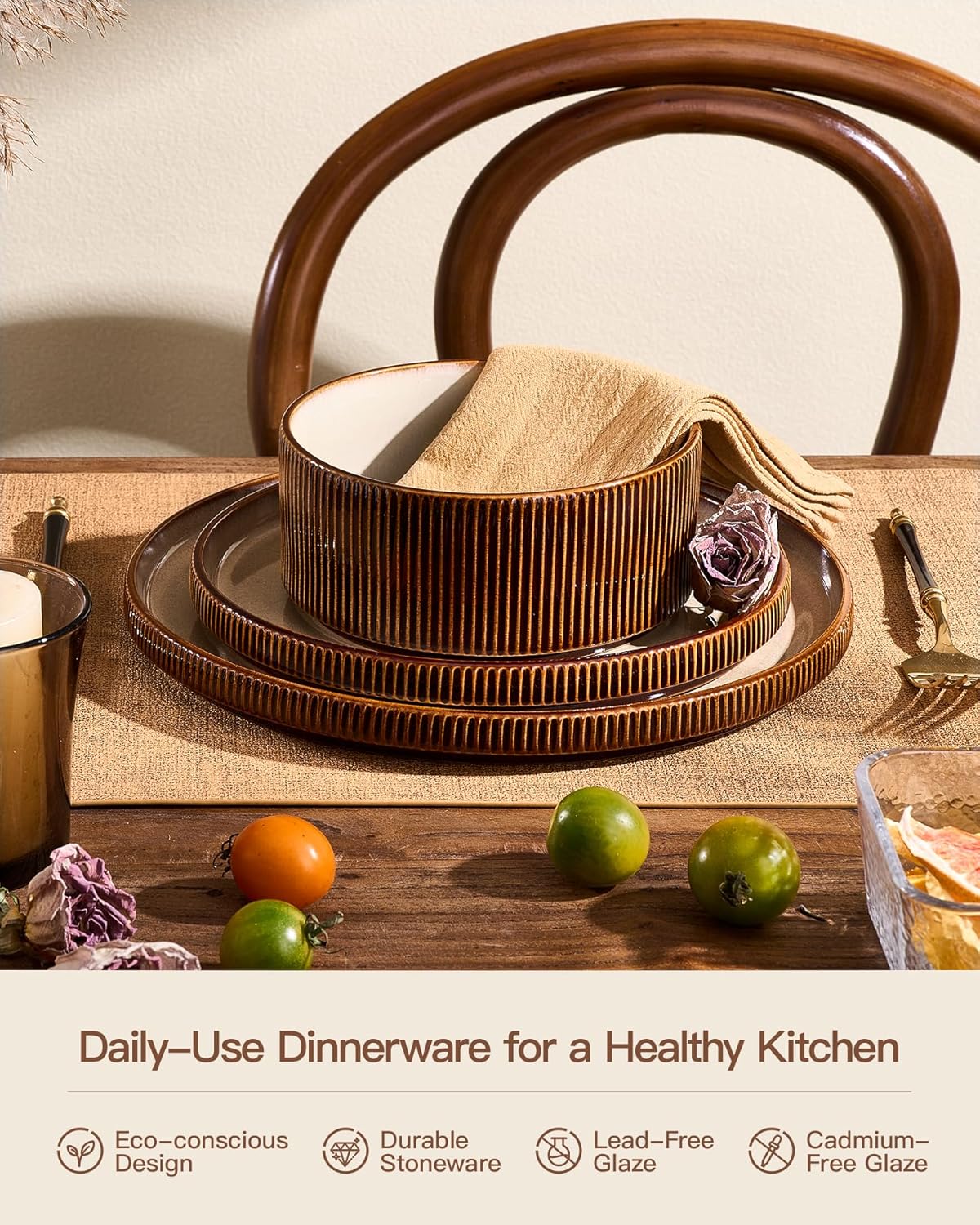 24-Piece Dinnerware Set Service for 8, Famiware Premium Stoneware Dish Set with Ribbed Plates and Deep Bowls, Double Reactive Glaze, Chip & Scratch Resistant, Microwave & Dishwasher Safe, Cream Cocoa