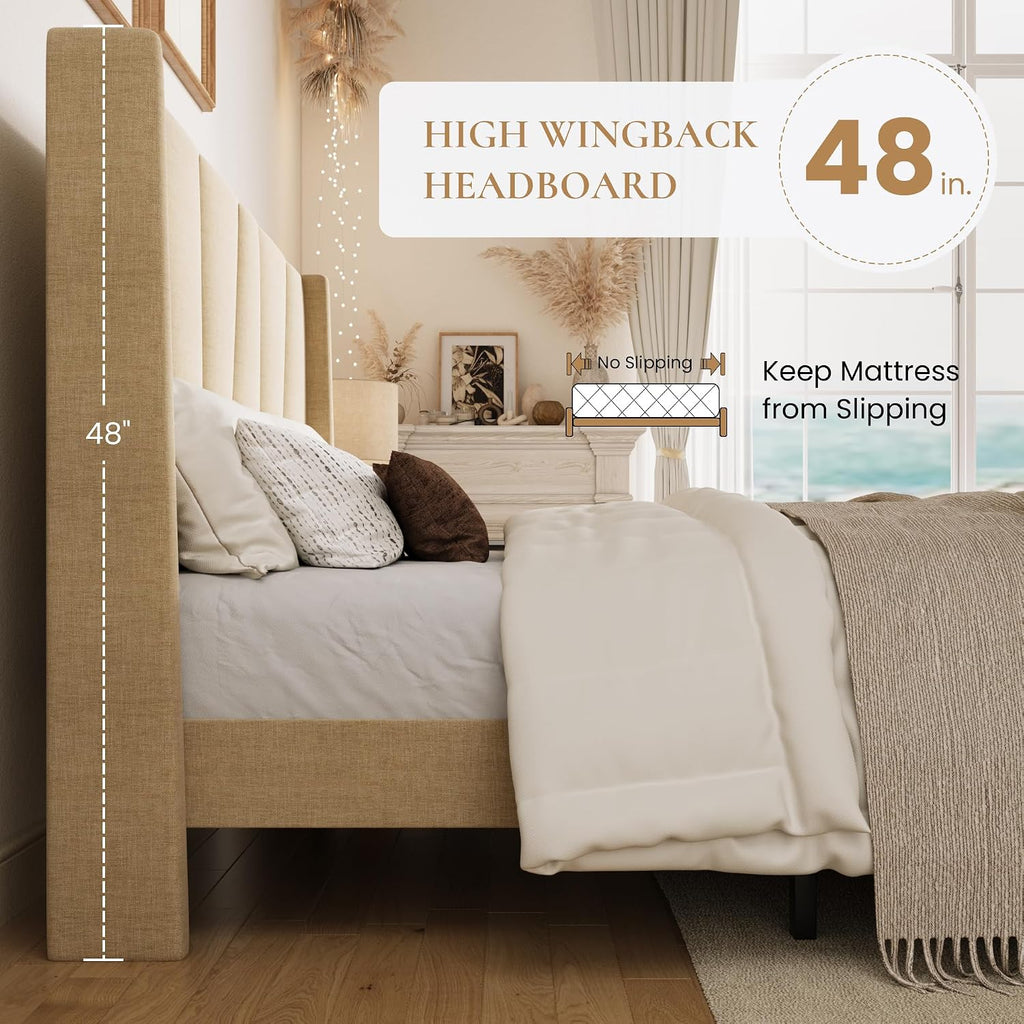 SHA CERLIN Full Size Bed Frame with Geometric Wingback Headboard, Upholstered Platform Bed with Wooden Slats Support, 8' Under-Bed Space, No Box Spring Needed, Easy Assembly, Beige
