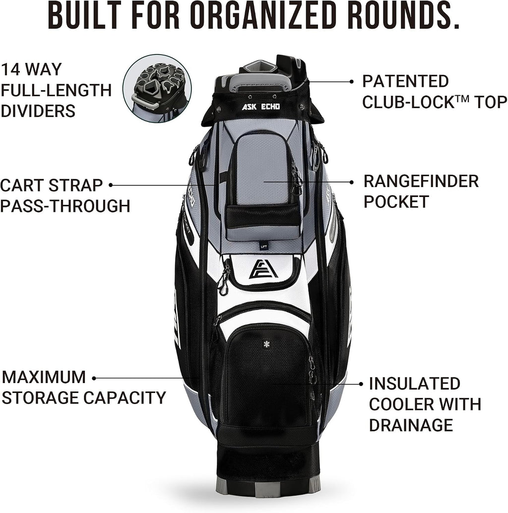 ASK ECHO T-Lock Golf Cart Bag with 14 Way Organizer Divider Top, Premium Cart Bag with Handles and Rain Cover for Men