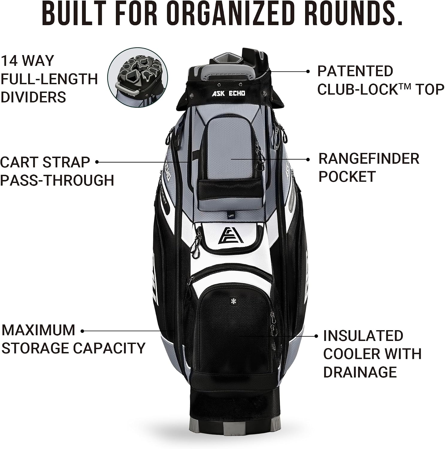 ASK ECHO T-Lock Golf Cart Bag with 14 Way Organizer Divider Top, Premium Cart Bag with Handles and Rain Cover for Men