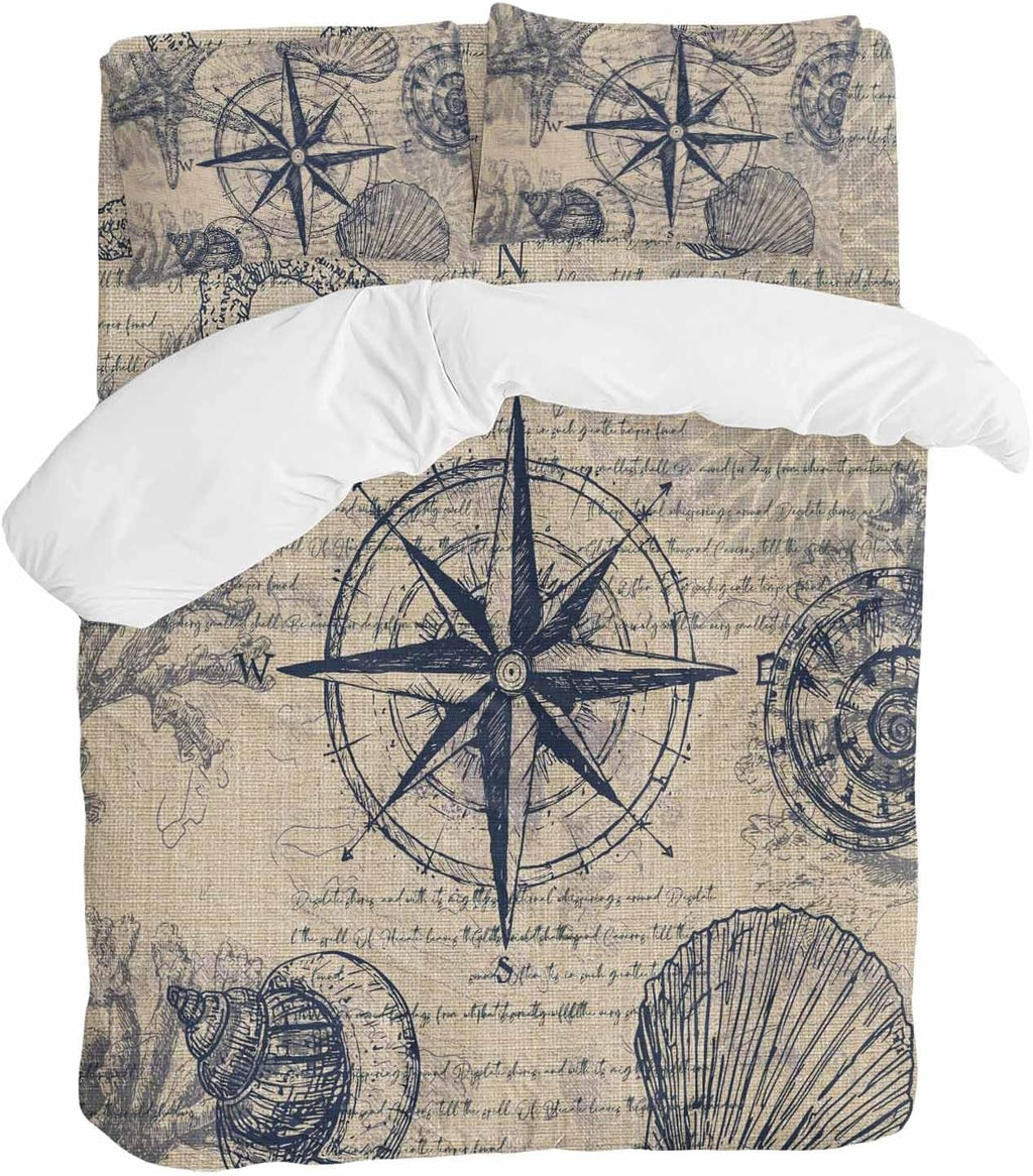 Vintage Nautical Duvet Cover Set Queen Size 4 Pieces Summer Navy Blue Compass Shell Starfish Brown Bedding Set with Zipper Closure, 1 Comforter Cover 86x86 Inches 1 Flat Sheet & 2 Pillow Cases