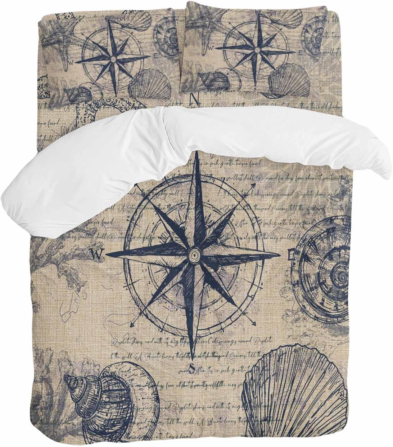 Vintage Nautical Duvet Cover Set Queen Size 4 Pieces Summer Navy Blue Compass Shell Starfish Brown Bedding Set with Zipper Closure, 1 Comforter Cover 86x86 Inches 1 Flat Sheet & 2 Pillow Cases