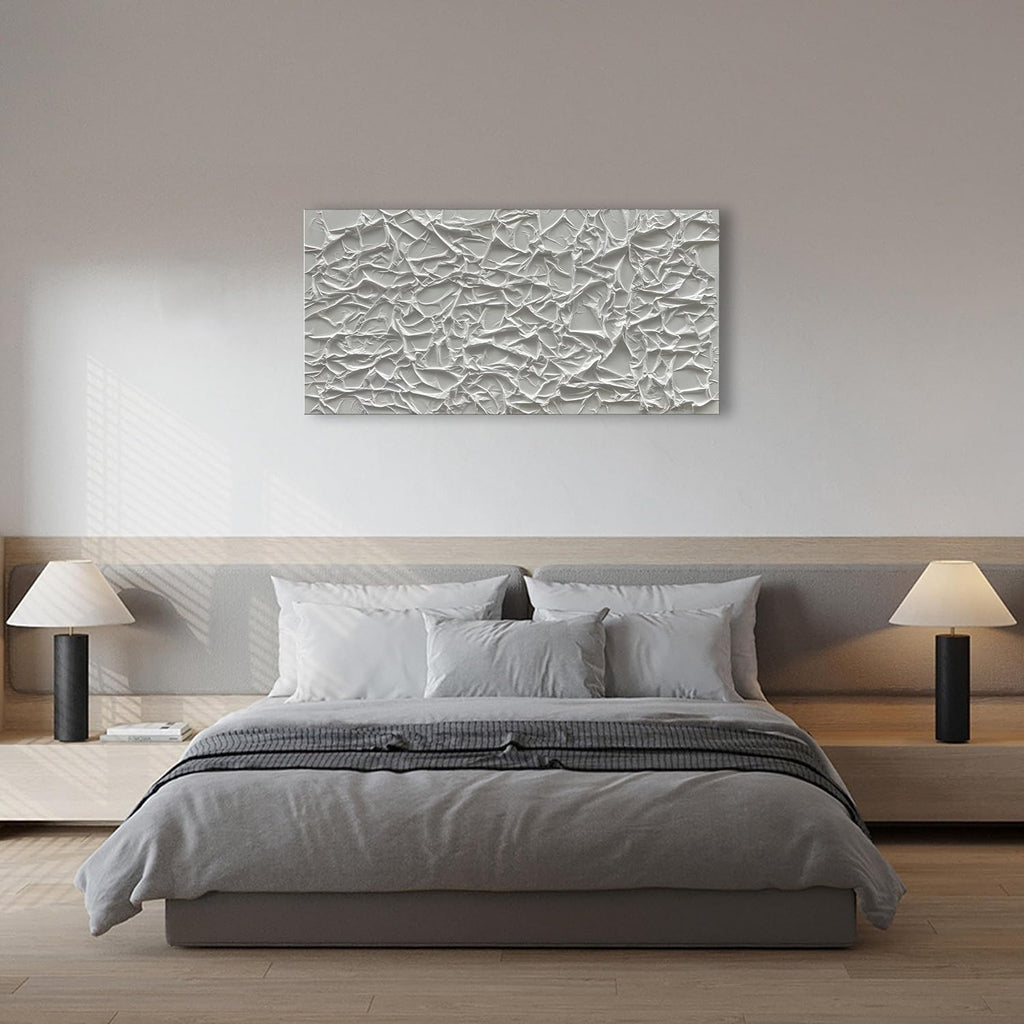 NANKAI Art Hand Painted Thick Texture White Minimalist Oil Painting, 24x48 inch, Abstract, Office Wall Decor