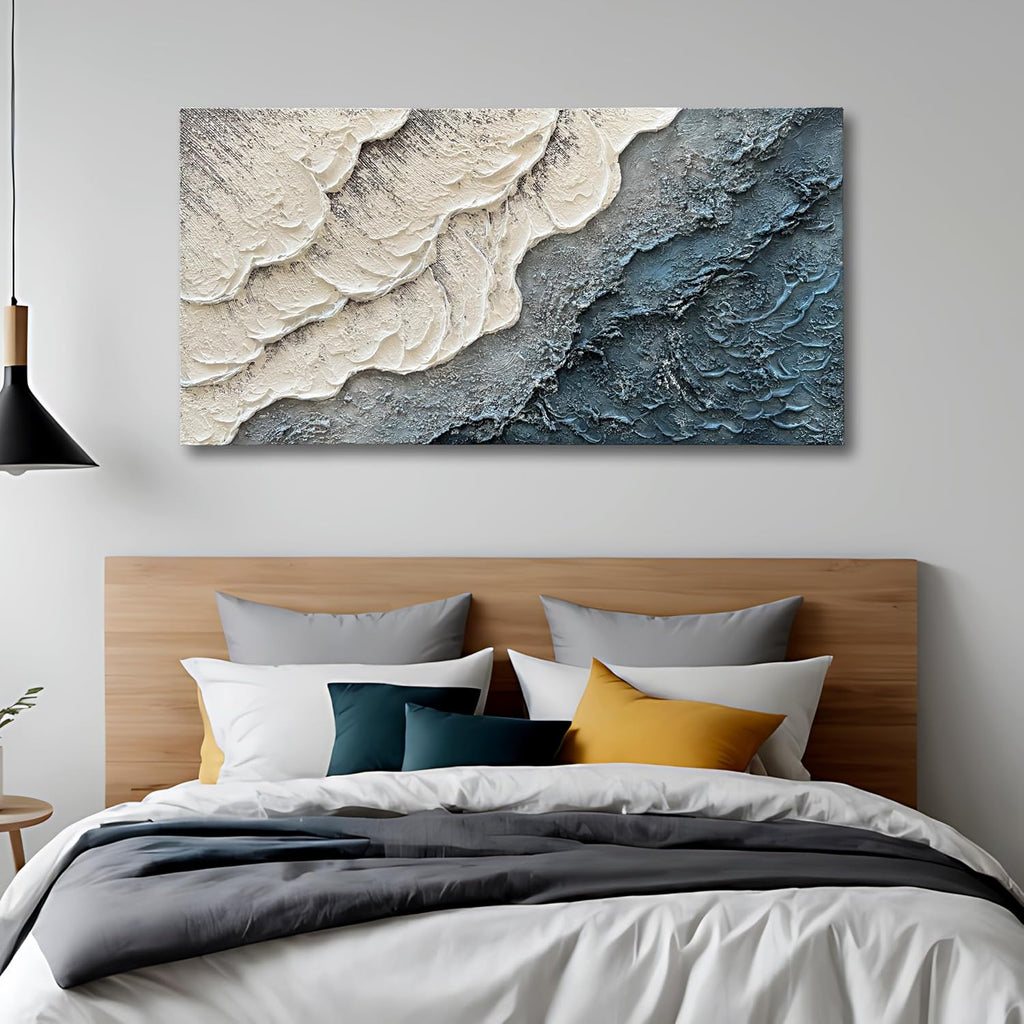 Art Hand-Painted White and Blue Gradient Wave Texture Abstract Oil Painting, 24x48-inch Canvas Painting, Home Office Wall Decoration Art