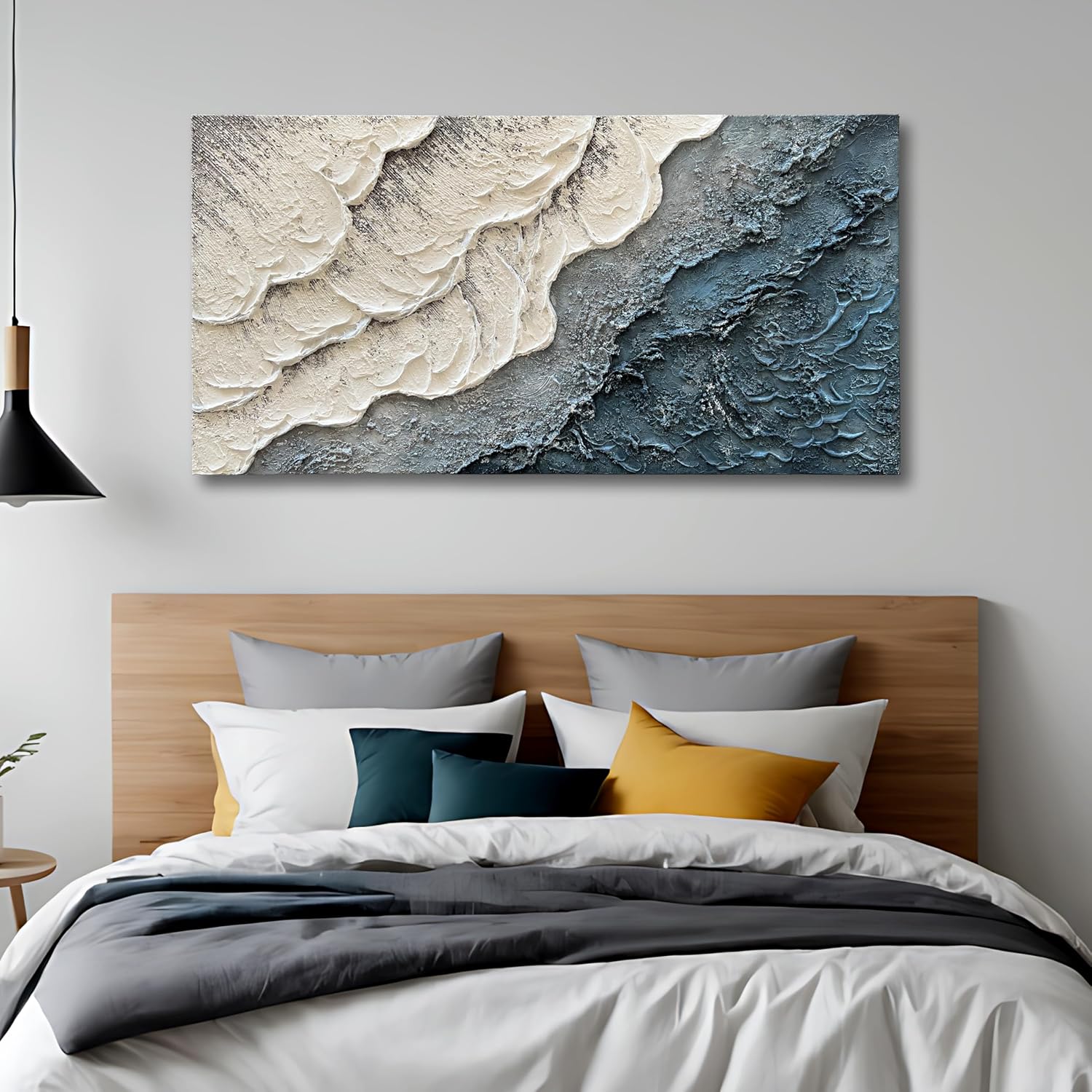 Art Hand-Painted White and Blue Gradient Wave Texture Abstract Oil Painting, 24x48-inch Canvas Painting, Home Office Wall Decoration Art